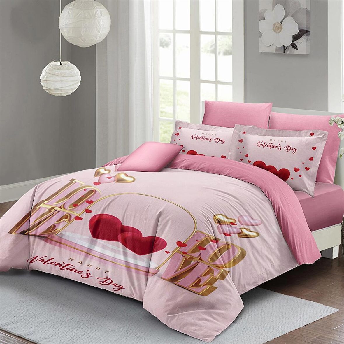 MONOHOME Sevgililer Günü Çift Kişilik Nevresim Takımı %100 Pamuk Saten Happy Valentine's Day