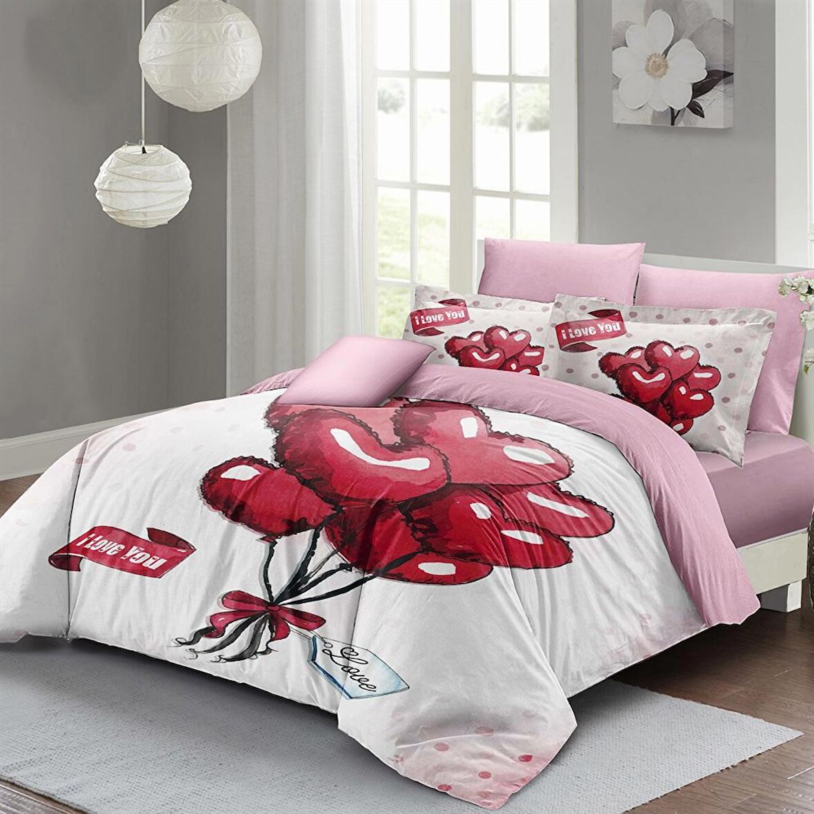 MONOHOME Sevgililer Günü Çift Kişilik Nevresim Takımı %100 Pamuk Saten Red Balls