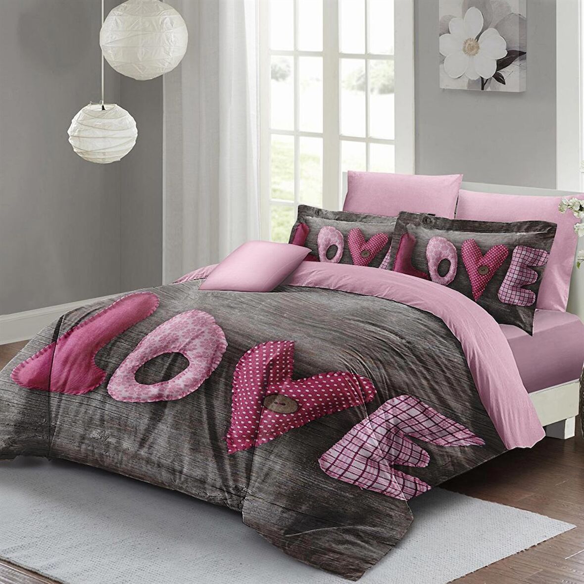MONOHOME Sevgililer Günü Çift Kişilik Nevresim Takımı %100 Pamuk Saten Love