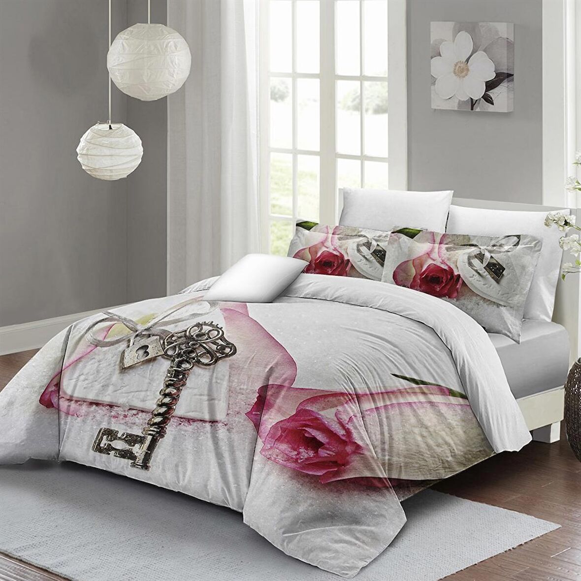 MONOHOME Sevgililer Günü Çift Kişilik Nevresim Takımı %100 Pamuk Saten Gizemli Aşk