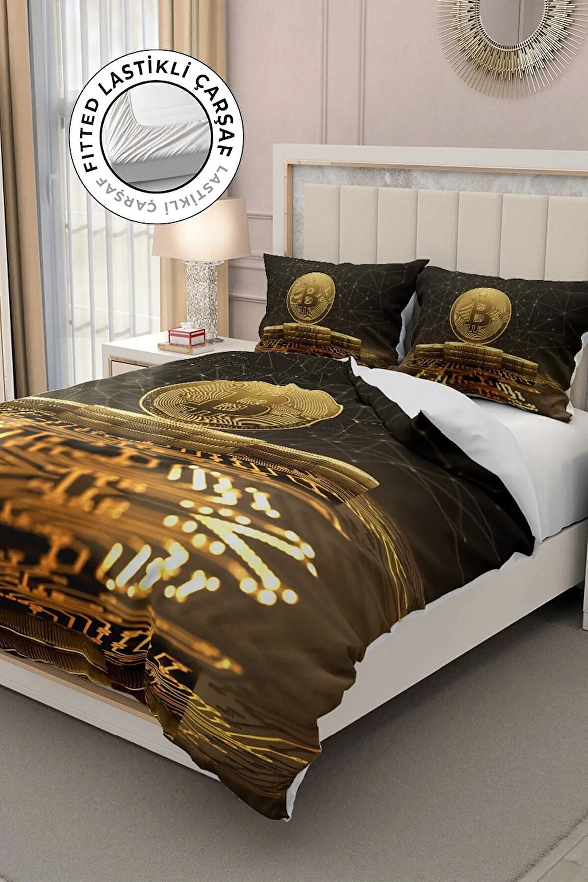 Lastikli Çarşaflı %100 Pamuk Saten Çift Kişilik Nevresim Takımı 3d Bitcoin Kahve