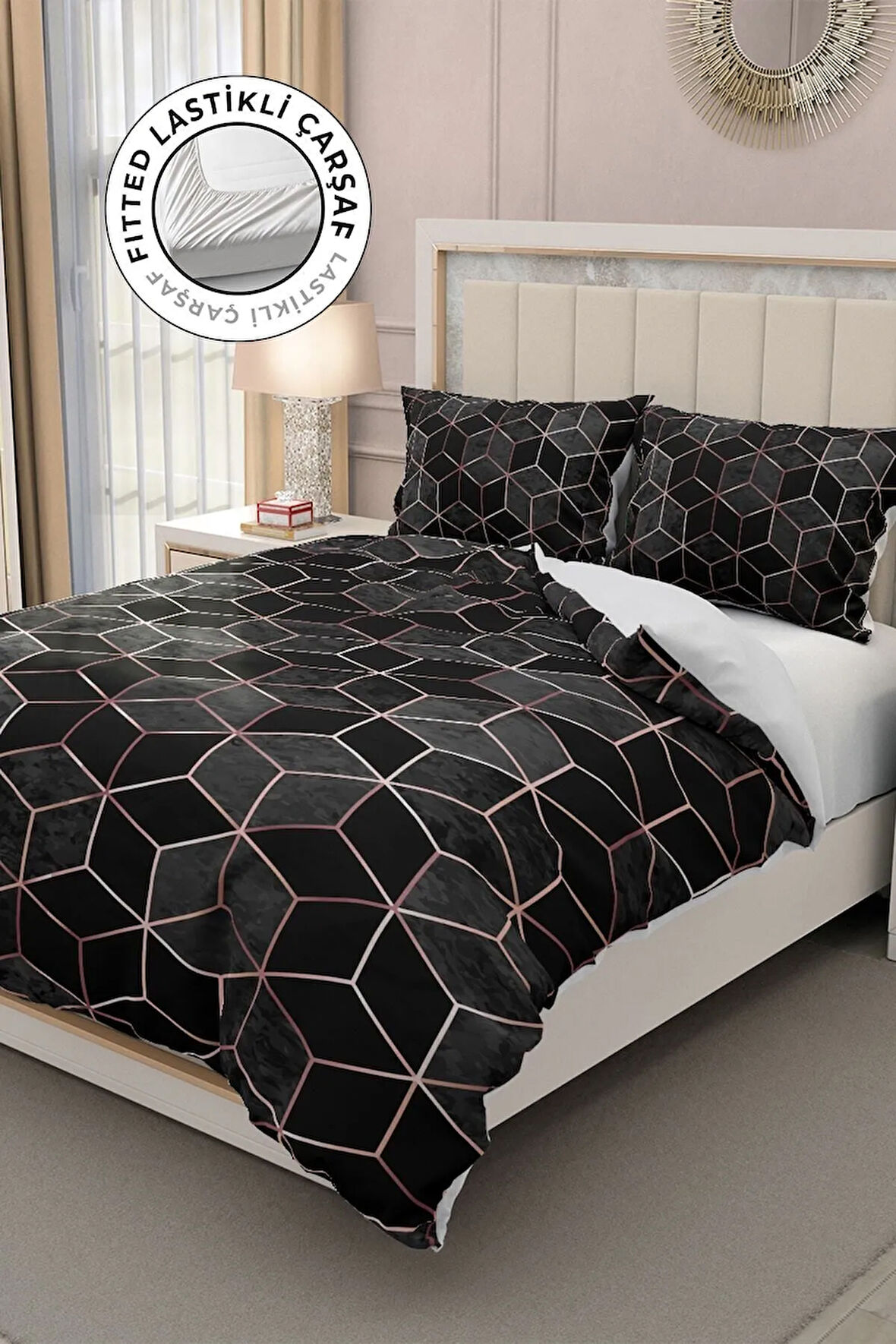 Lastikli Çarşaflı %100 Pamuk Saten Çift Kişilik Nevresim Takımı 3d Siyah Modern