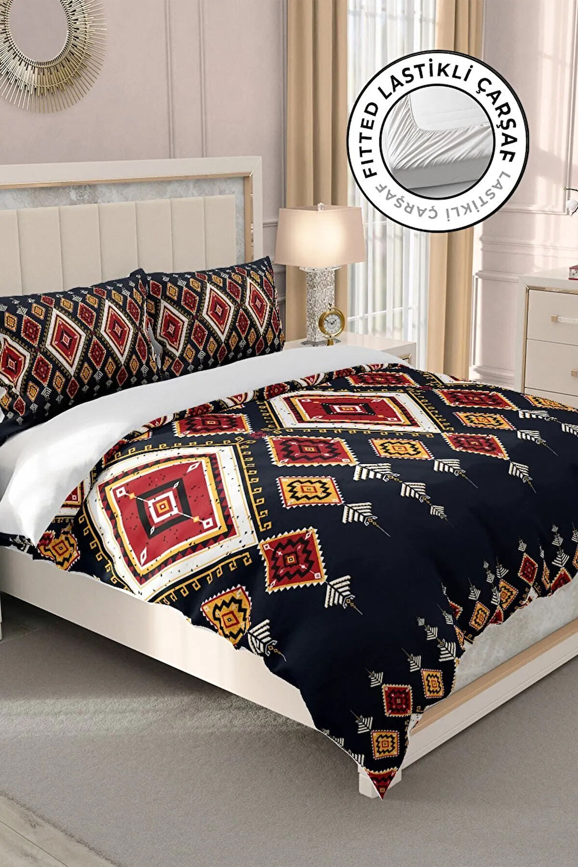 Lastikli Çarşaflı %100 Pamuk Saten Çift Kişilik Nevresim Takımı 3d Etnik Mandala