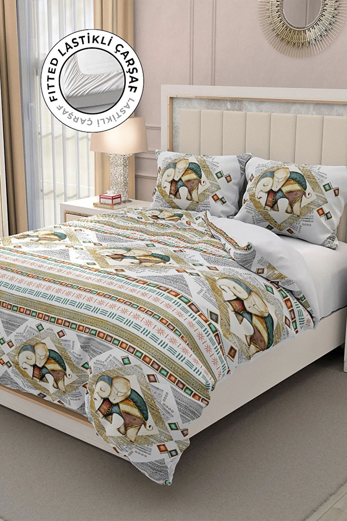 Lastikli Çarşaflı %100 Pamuk Saten Çift Kişilik Nevresim Takımı 3d Fil Desenli