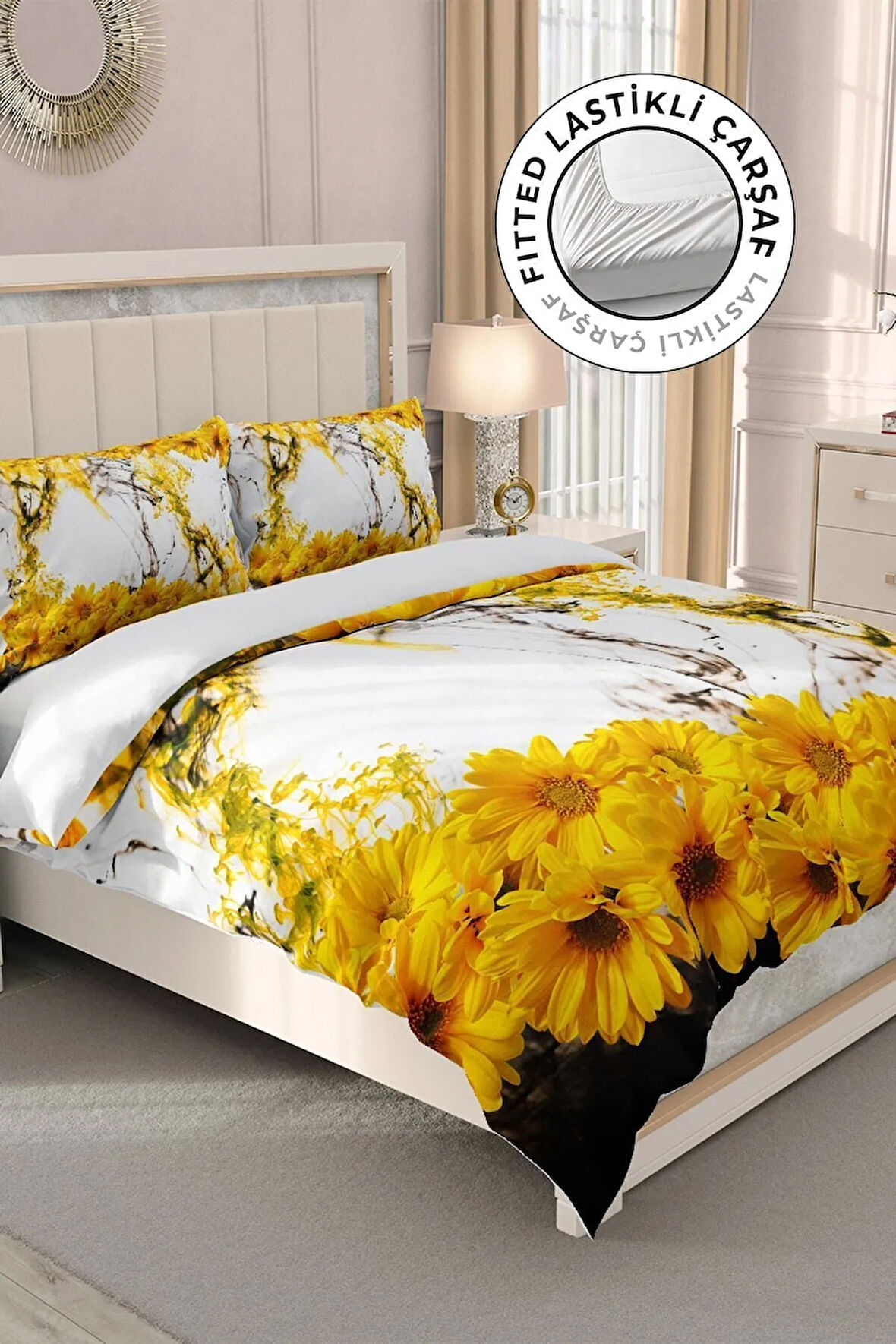 Lastikli Çarşaflı %100 Pamuk Saten Çift Kişilik Nevresim Takımı Yellow Daisy