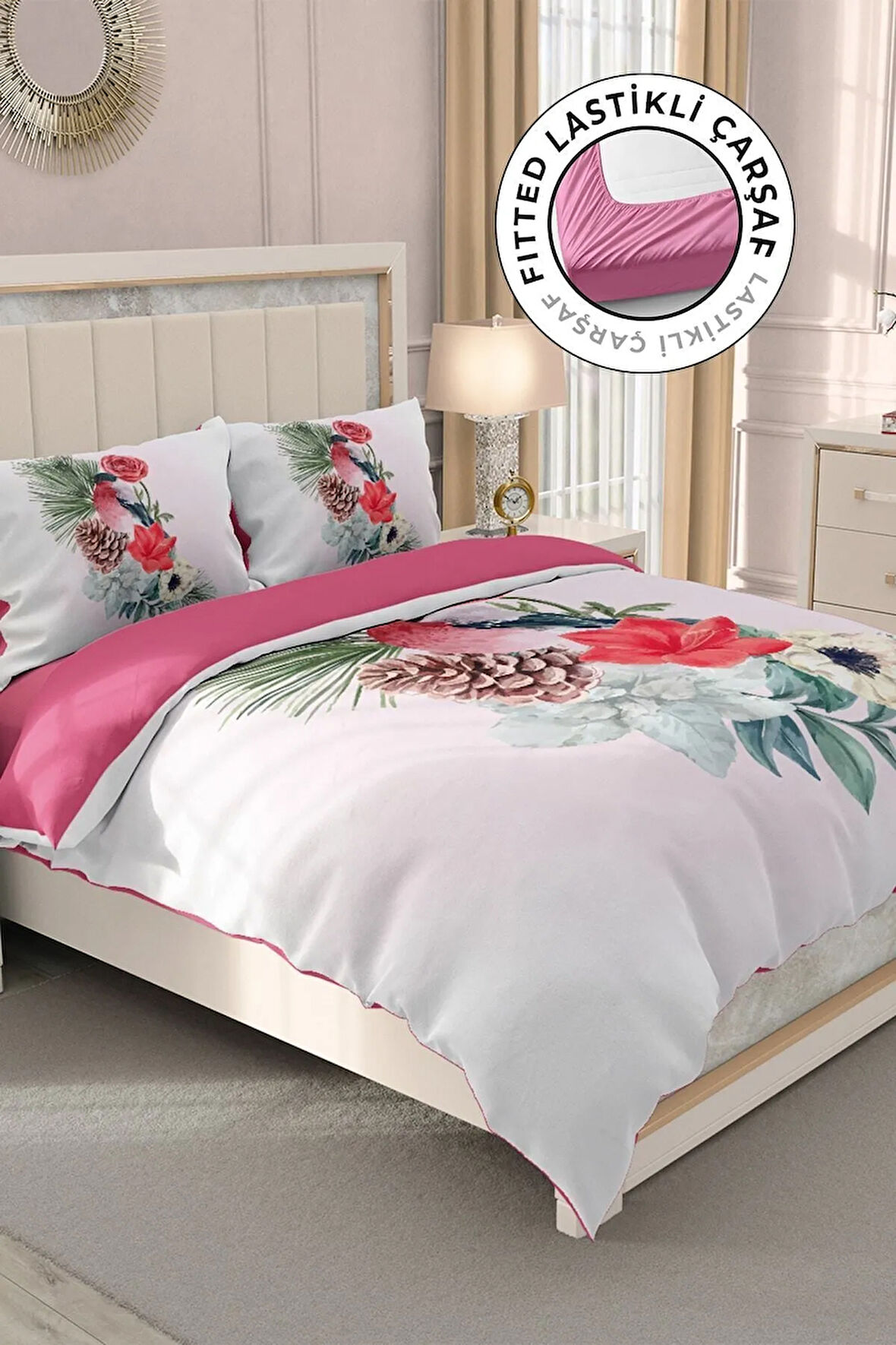 Lastikli Çarşaflı %100 Pamuk Saten Çift Kişilik Nevresim Takımı Small Birdy