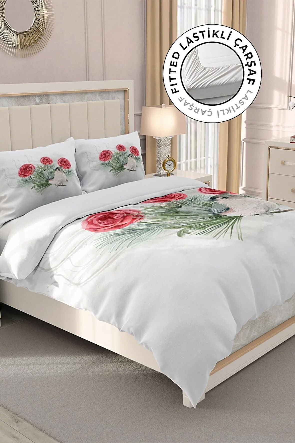 Lastikli Çarşaflı %100 Pamuk Saten Çift Kişilik Nevresim Takımı Big Birdy