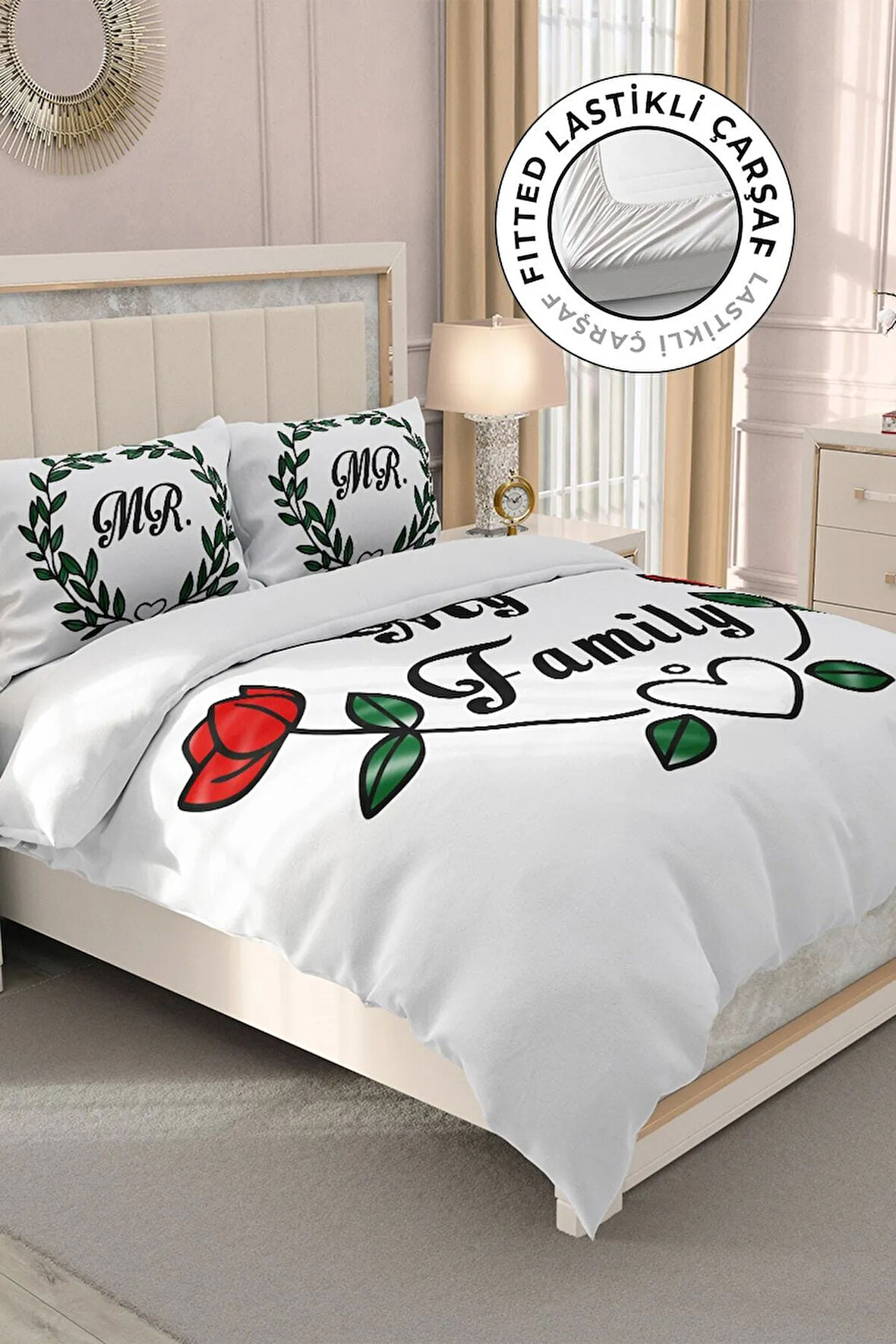 Lastikli Çarşaflı %100 Pamuk Saten Çift Kişilik Nevresim Takımı We Are Family
