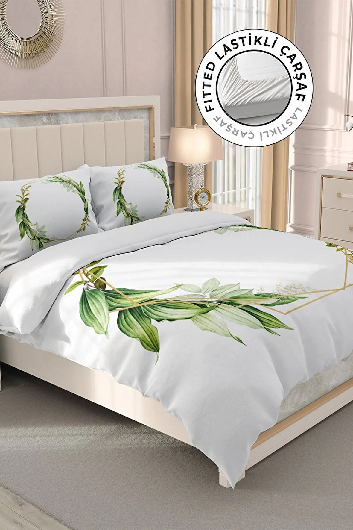 Lastikli Çarşaflı %100 Pamuk Saten Çift Kişilik Nevresim Takımı Sarmaşık