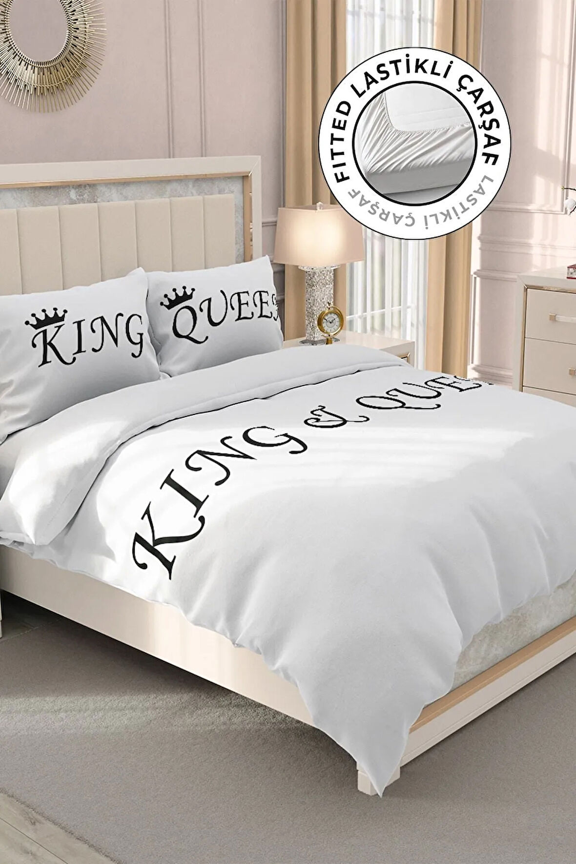 Lastikli Çarşaflı %100 Pamuk Saten Çift Kişilik Nevresim Takımı White King-queen