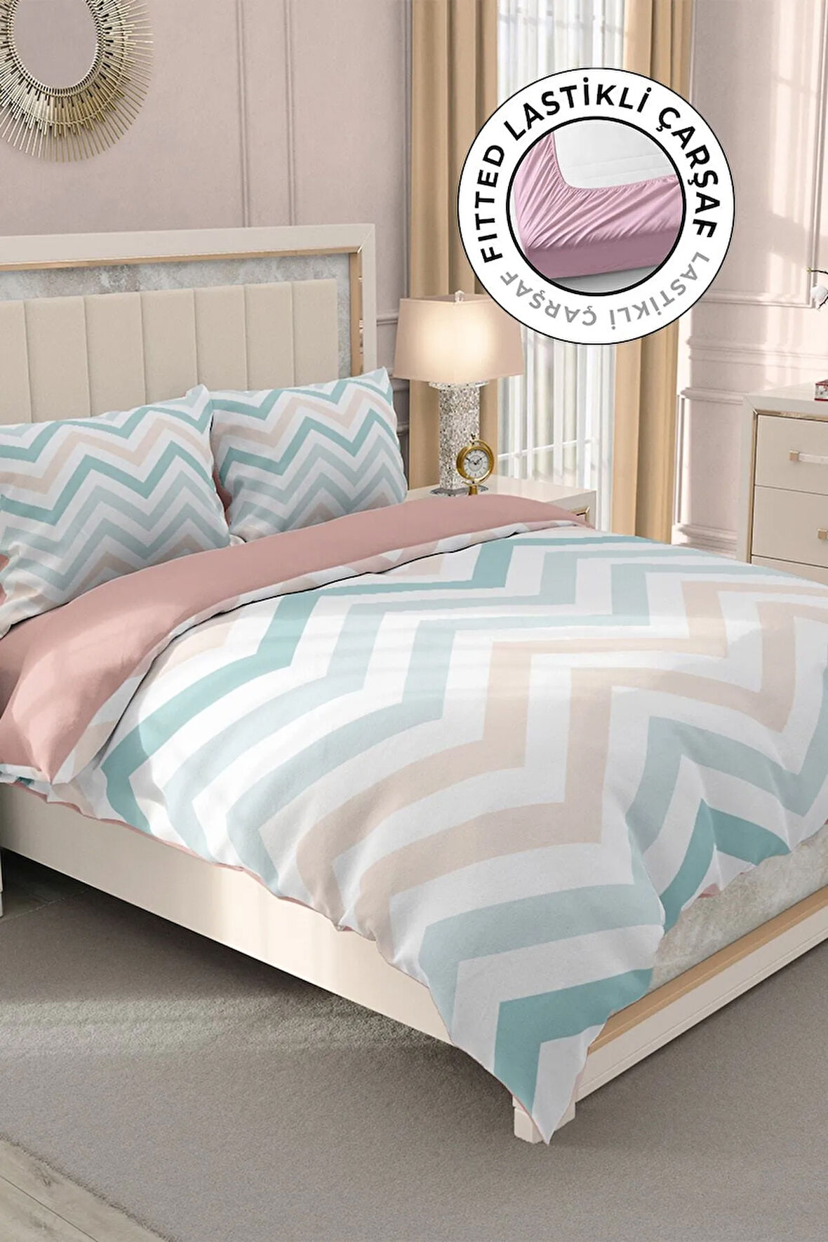 Lastikli Çarşaflı %100 Pamuk Saten Çift Kişilik Nevresim Takımı Zigzag