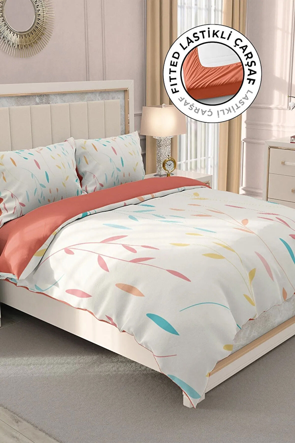 Lastikli Çarşaflı %100 Pamuk Saten Çift Kişilik Nevresim Takımı Yaprak