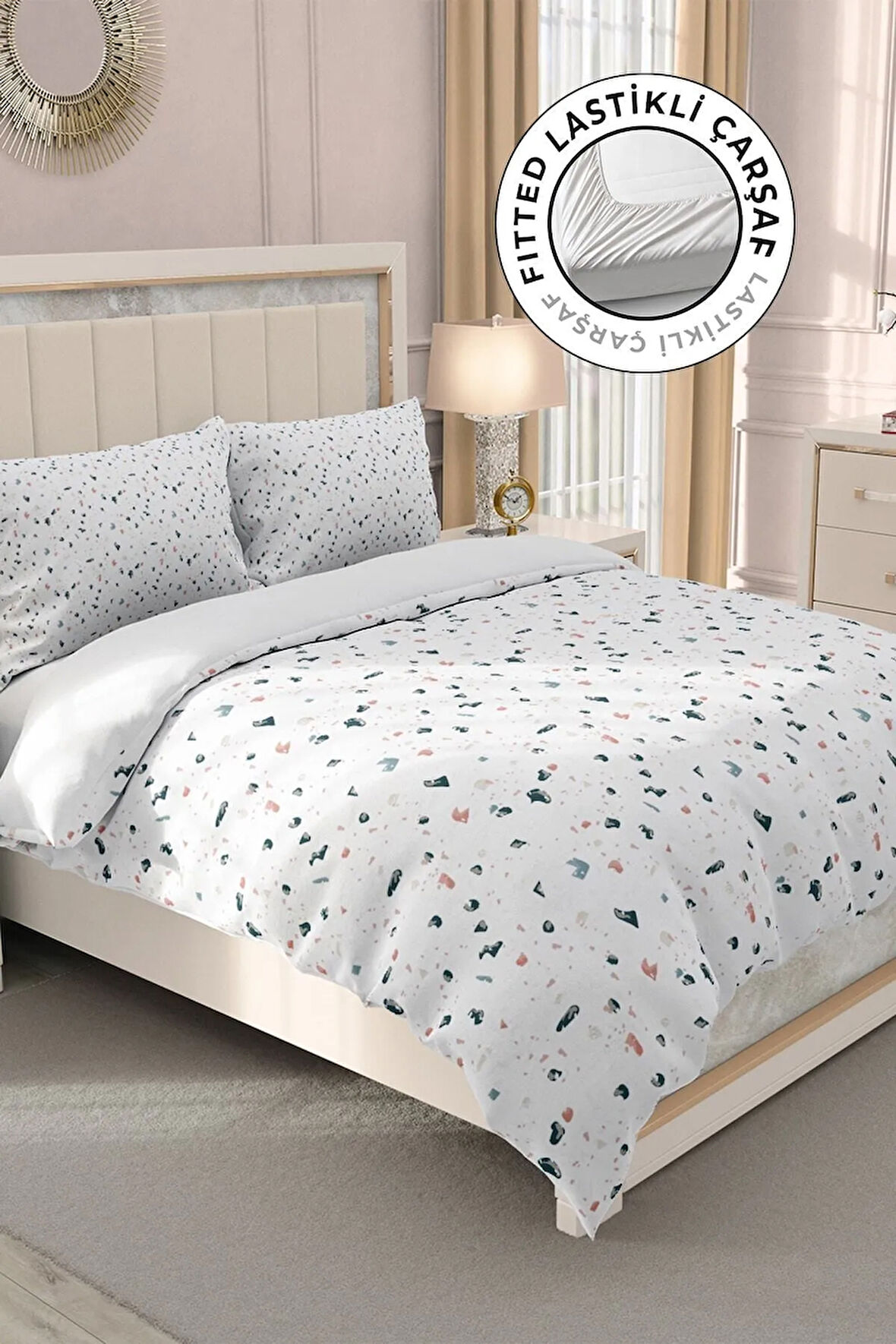 Lastikli Çarşaflı %100 Pamuk Saten Çift Kişilik Nevresim Takımı Terrazzo