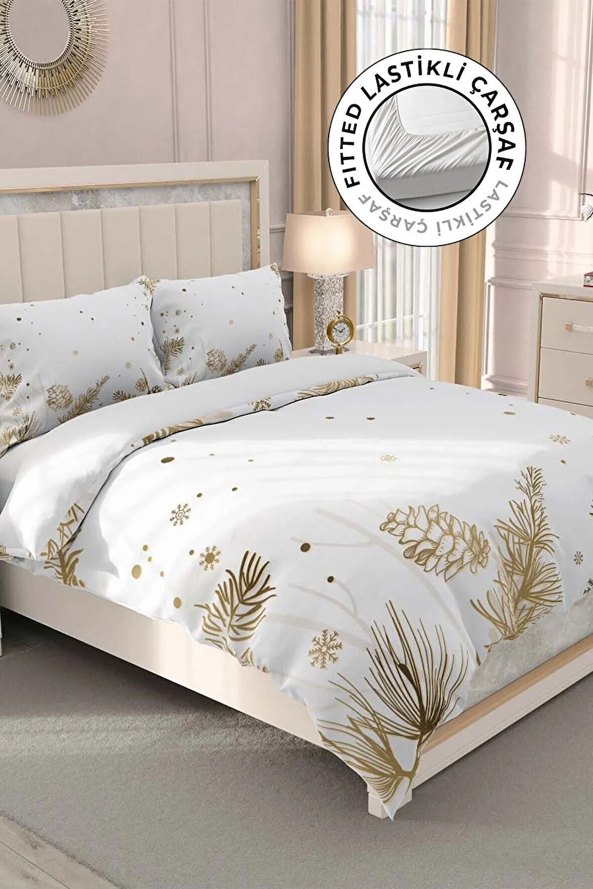 Lastikli Çarşaflı %100 Pamuk Saten Çift Kişilik Nevresim Takımı Soft