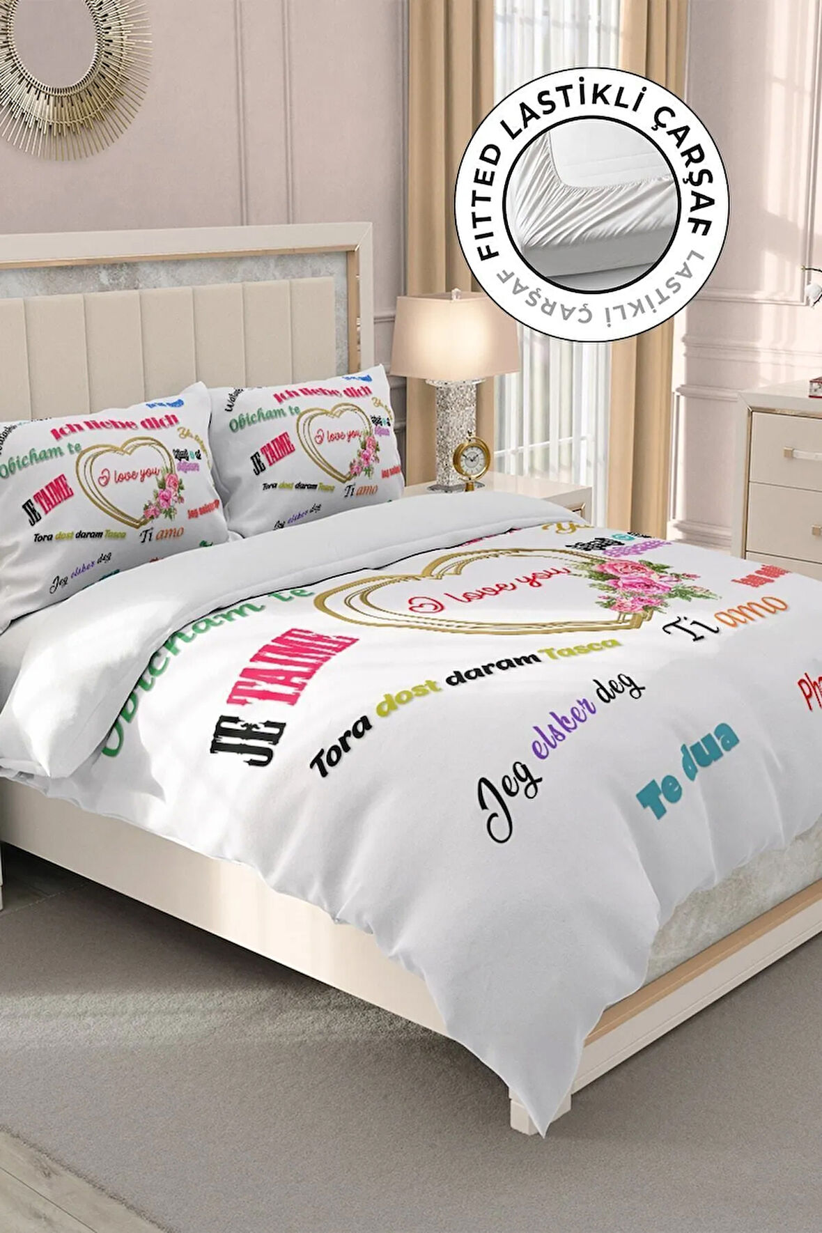 Lastikli Çarşaflı %100 Pamuk Saten Çift Kişilik Nevresim Takımı Sevgililer Günü