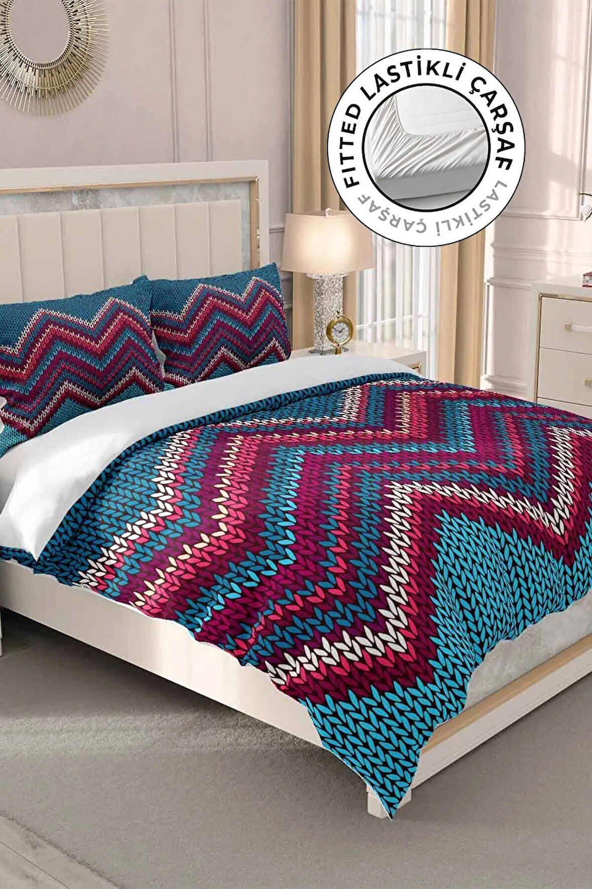 Lastikli Çarşaflı %100 Pamuk Saten Çift Kişilik Nevresim Takımı Örgü