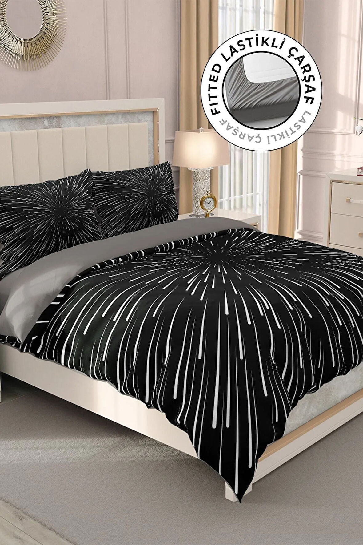 Lastikli Çarşaflı %100 Pamuk Saten Çift Kişilik Nevresim Takımı Galaxy Star