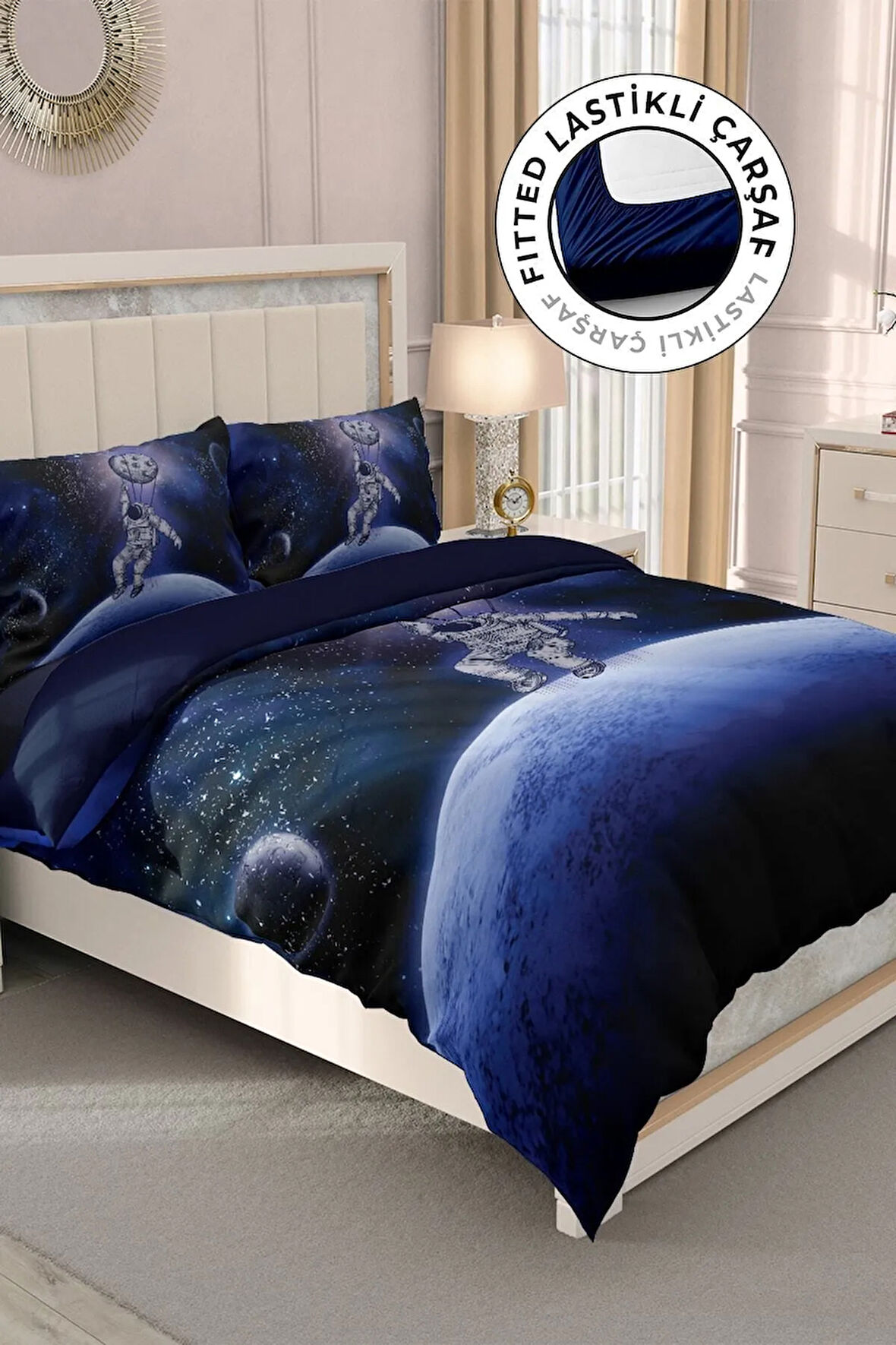 Lastikli Çarşaflı %100 Pamuk Saten Çift Kişilik Nevresim Takımı Astronot