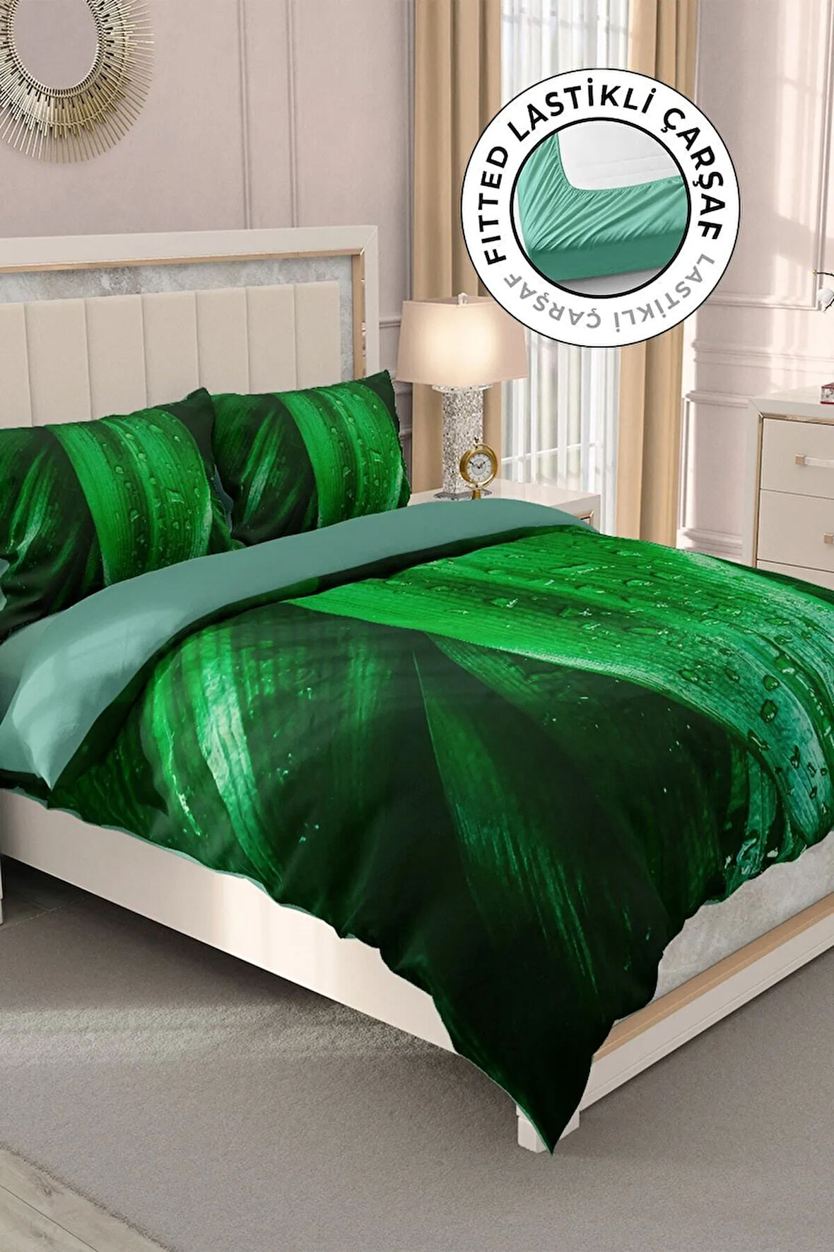 Lastikli Çarşaflı %100 Pamuk Saten Çift Kişilik Nevresim Takımı Drop Leaf