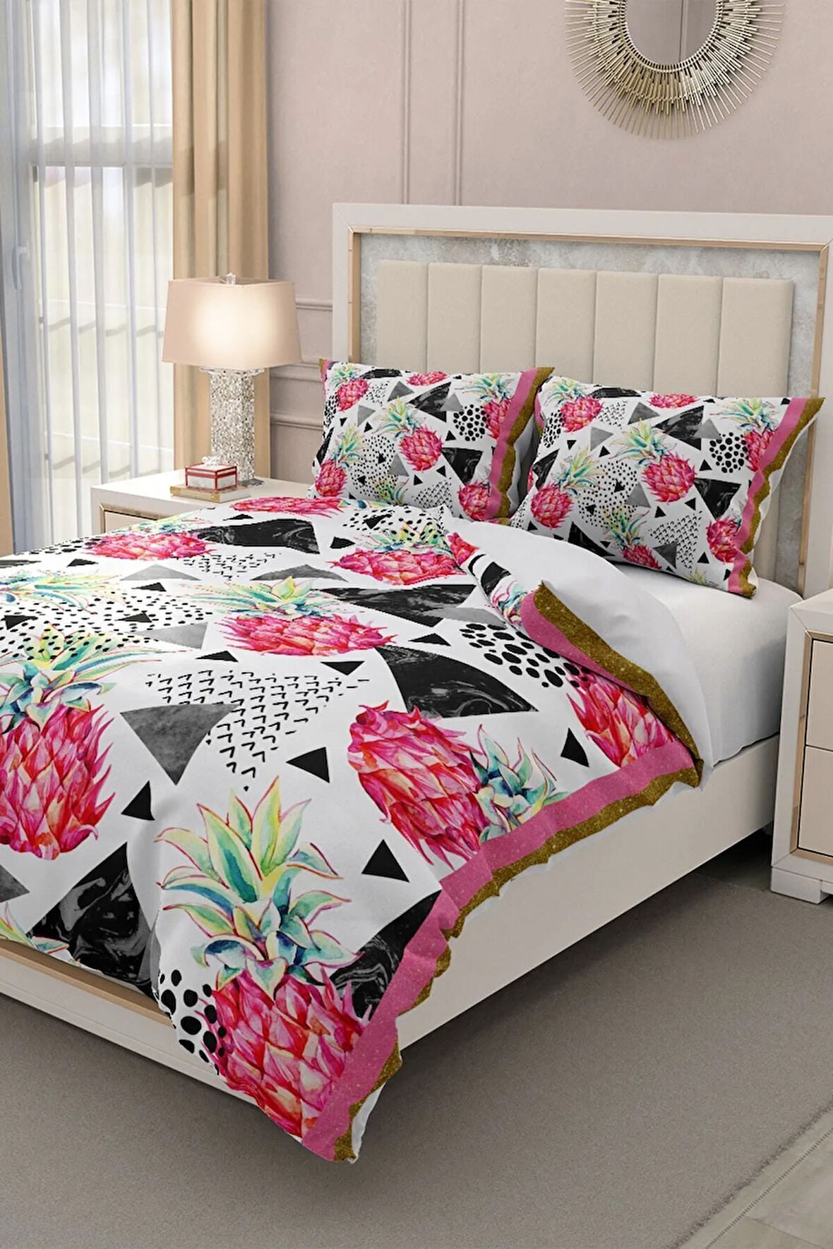 Lastikli Çarşaflı %100 Pamuk Saten Çift Kişilik Nevresim Takımı Pineapple