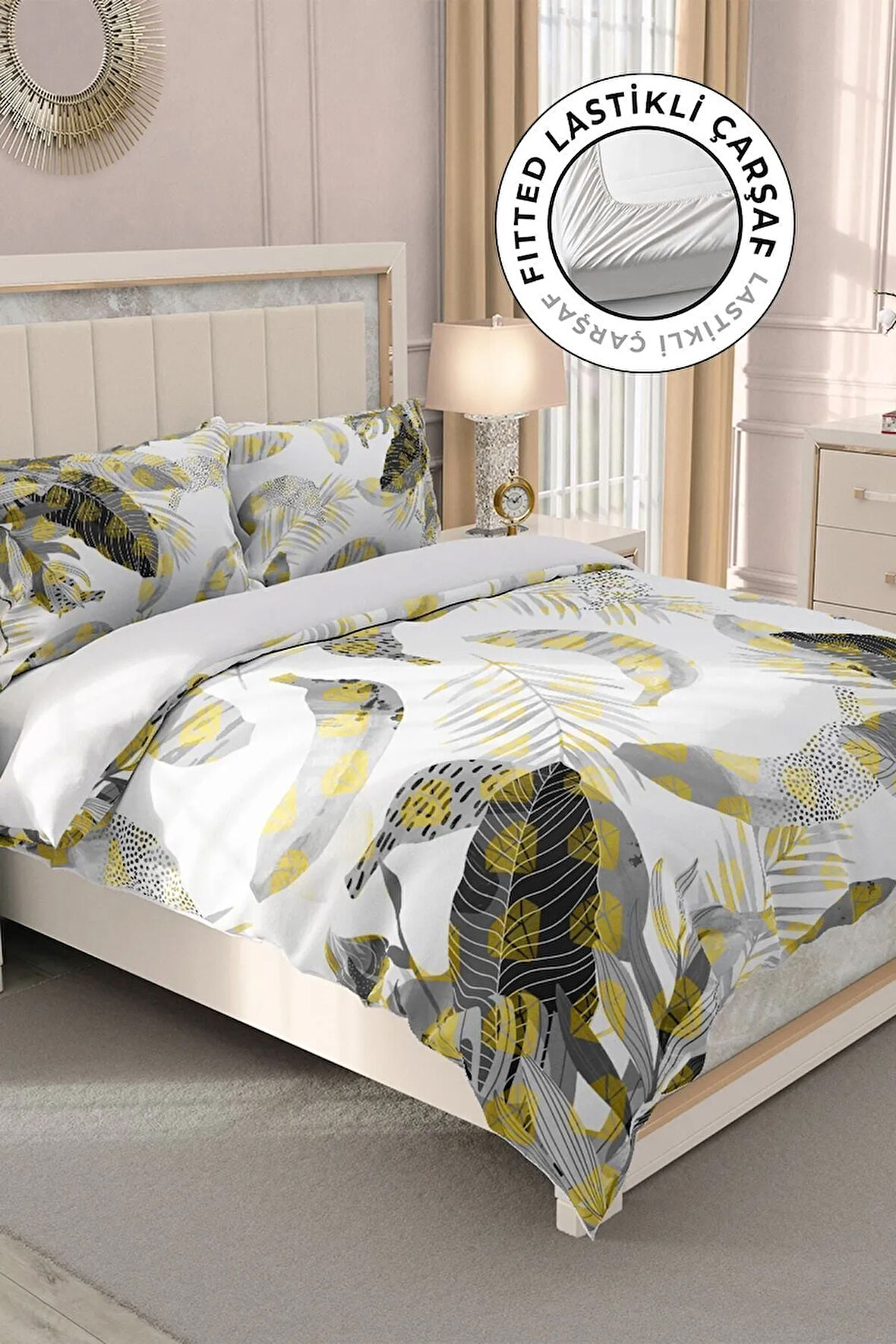 Lastikli Çarşaflı %100 Pamuk Saten Çift Kişilik Nevresim Takımı Tropik Banana