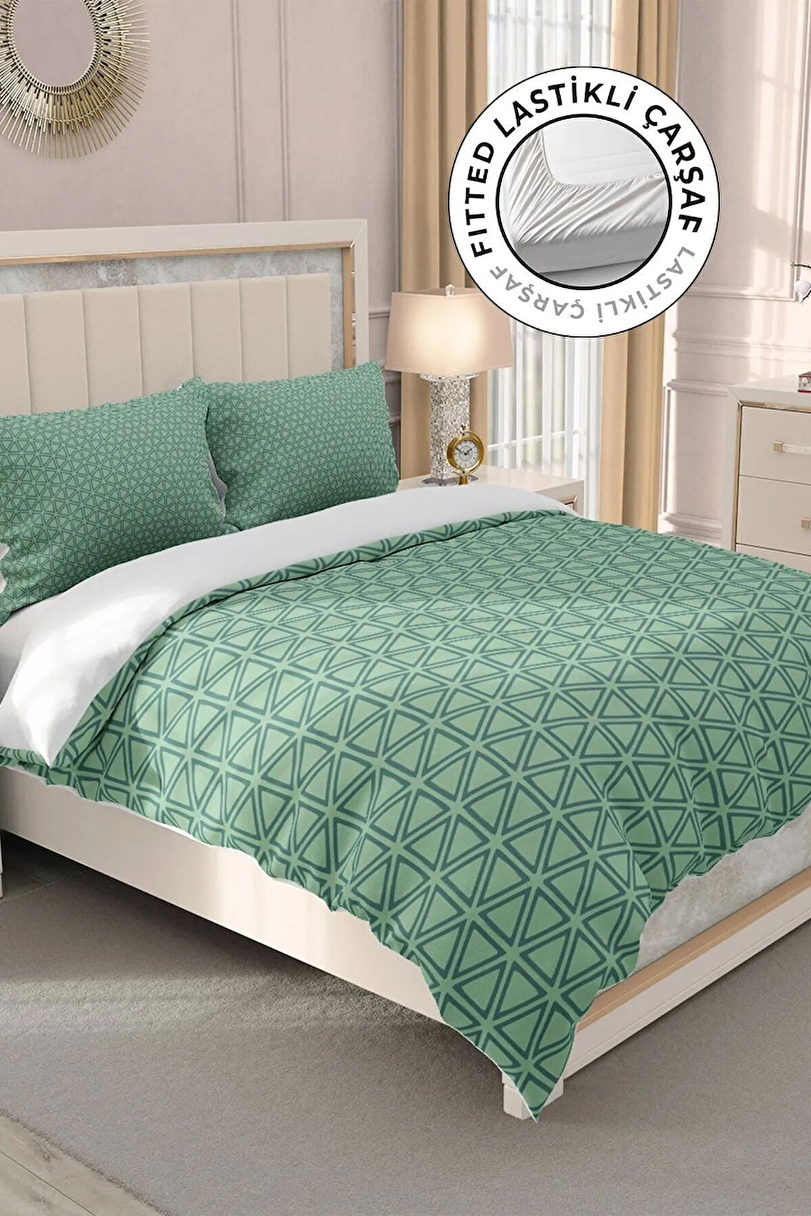 Lastikli Çarşaflı %100 Pamuk Saten Çift Kişilik Nevresim Takımı Green Pattern
