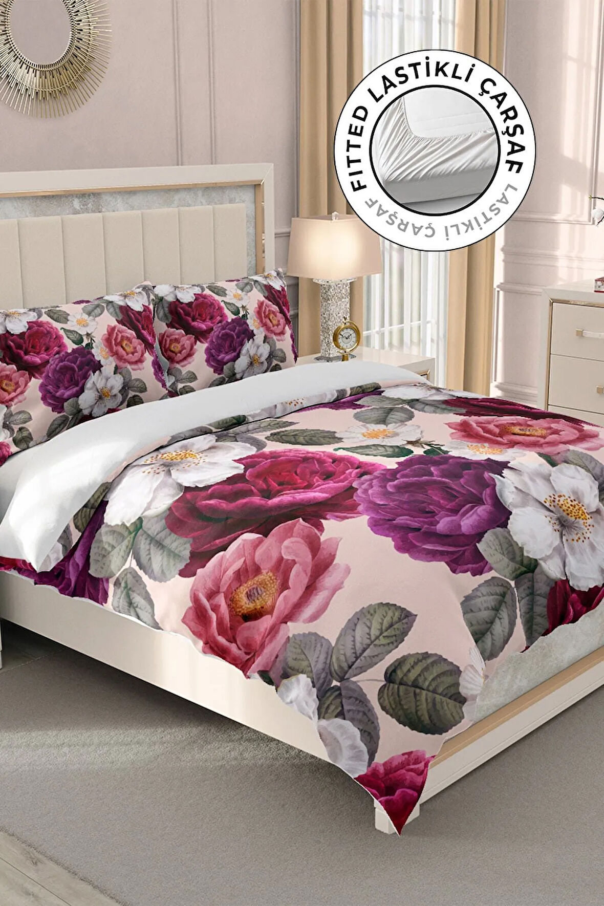 Lastikli Çarşaflı %100 Pamuk Saten Çift Kişilik Nevresim Takımı Flower Dream