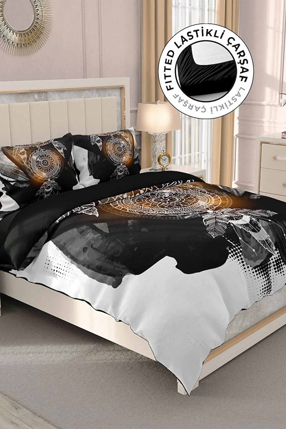 Lastikli Çarşaflı %100 Pamuk Saten Çift Kişilik Nevresim Takımı Dream Feather