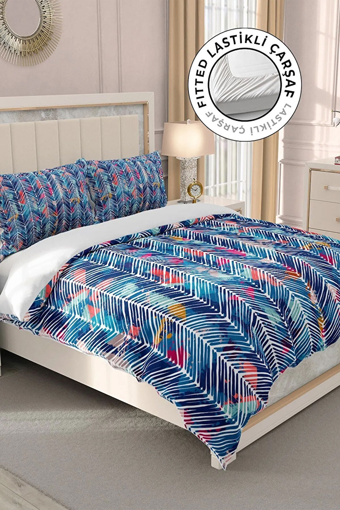 Lastikli Çarşaflı %100 Pamuk Saten Çift Kişilik Nevresim Takımı Blue Pattern