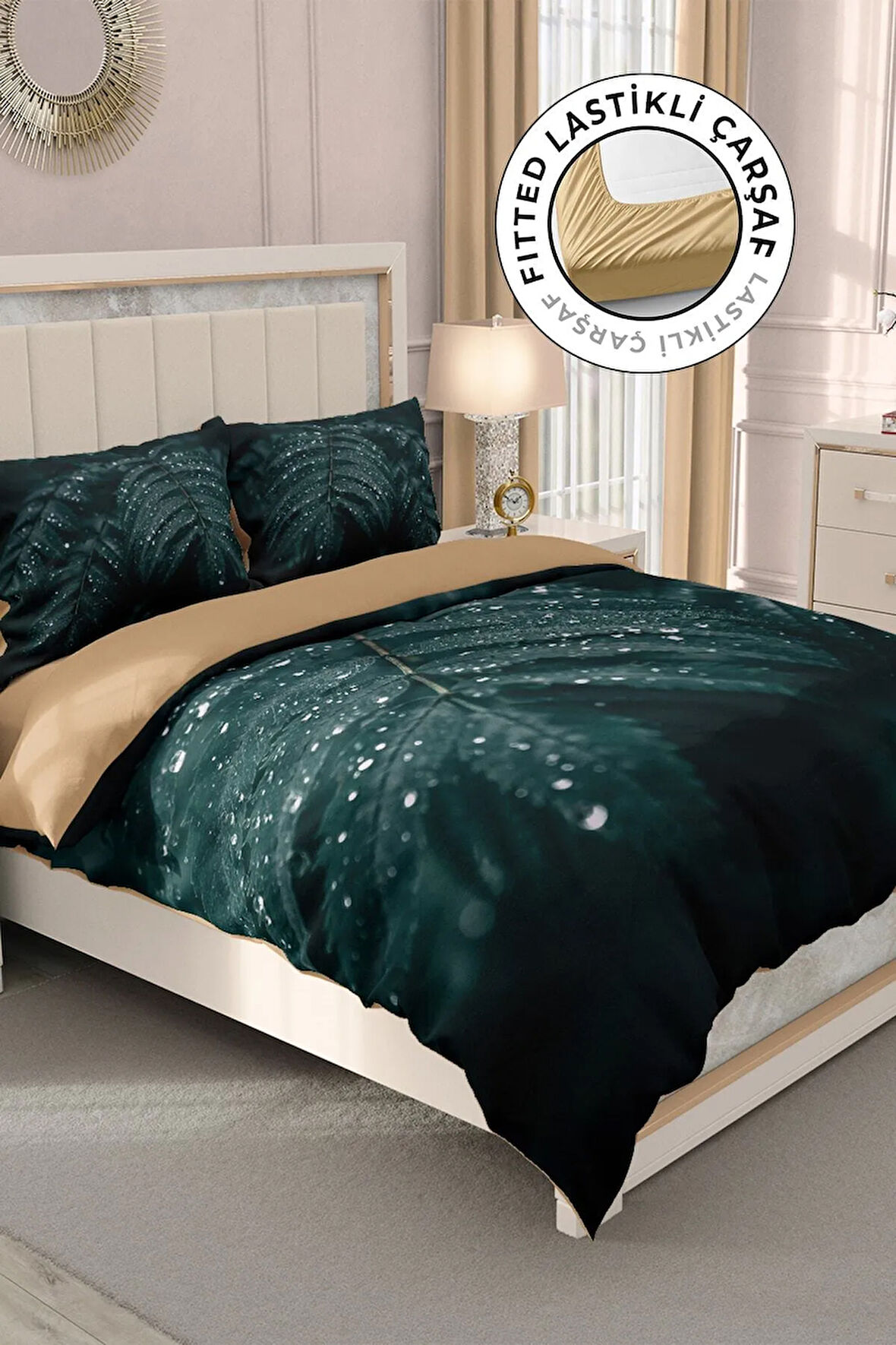 Lastikli Çarşaflı %100 Pamuk Saten Çift Kişilik Nevresim Takımı Drop Leave