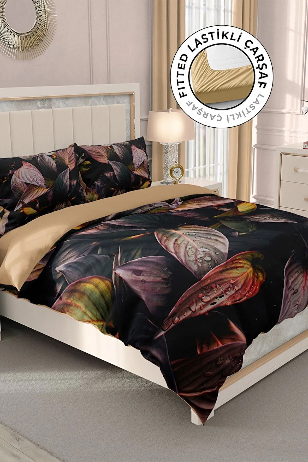 Lastikli Çarşaflı %100 Pamuk Saten Çift Kişilik Nevresim Takımı Güz Yaprakları