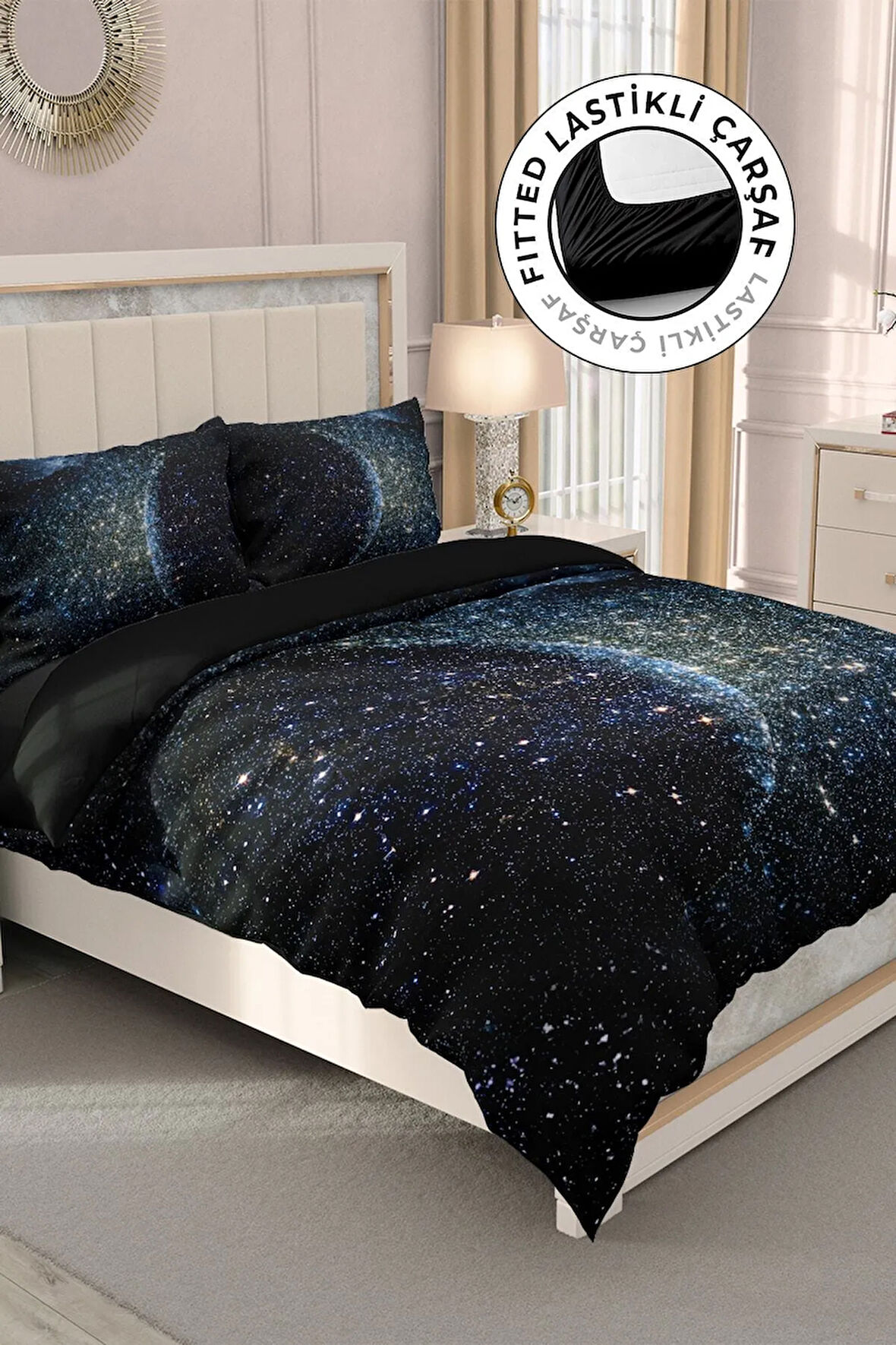 Lastikli Çarşaflı %100 Pamuk Saten Çift Kişilik Nevresim Takımı Star Moon