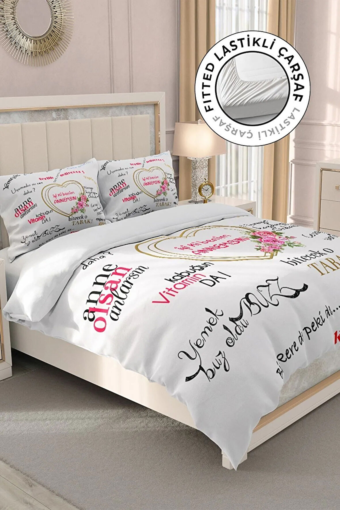 Lastikli Çarşaflı %100 Pamuk Saten Çift Kişilik Nevresim Takımı Anneler Günü Iyi Ki Benim Annemsin