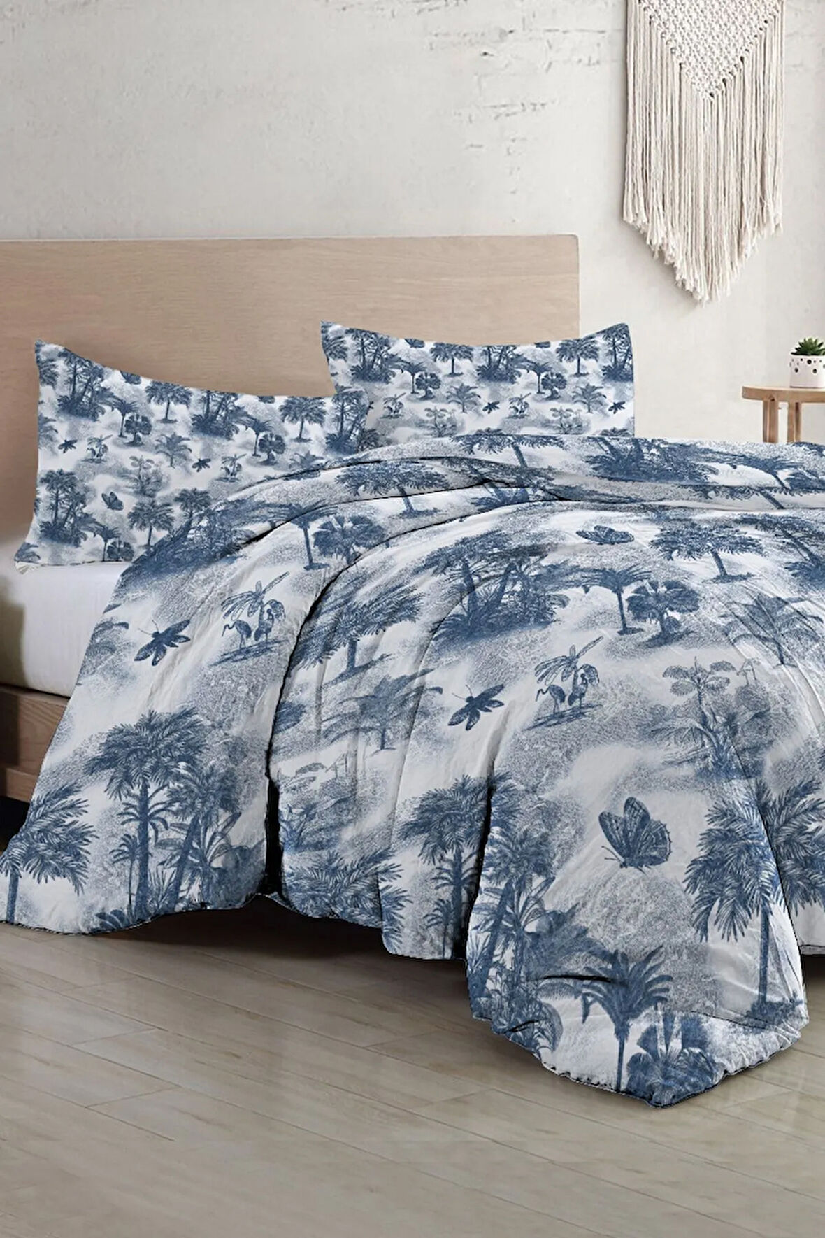 Çift Kişilik Nevresim Takımı Özel Dokuma Pamuk Saten Tuval Koleksiyonu Palm Indigo