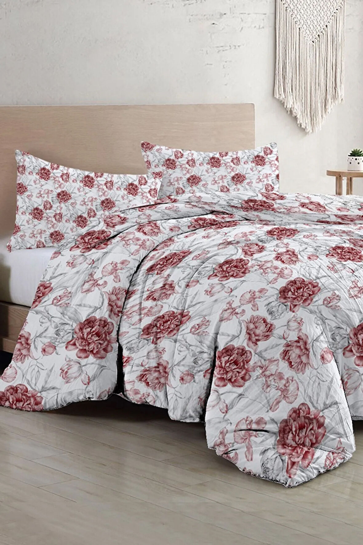 Çift Kişilik Nevresim Takımı Özel Dokuma Pamuk Saten Tuval Koleksiyonu Shadow Flowers Red