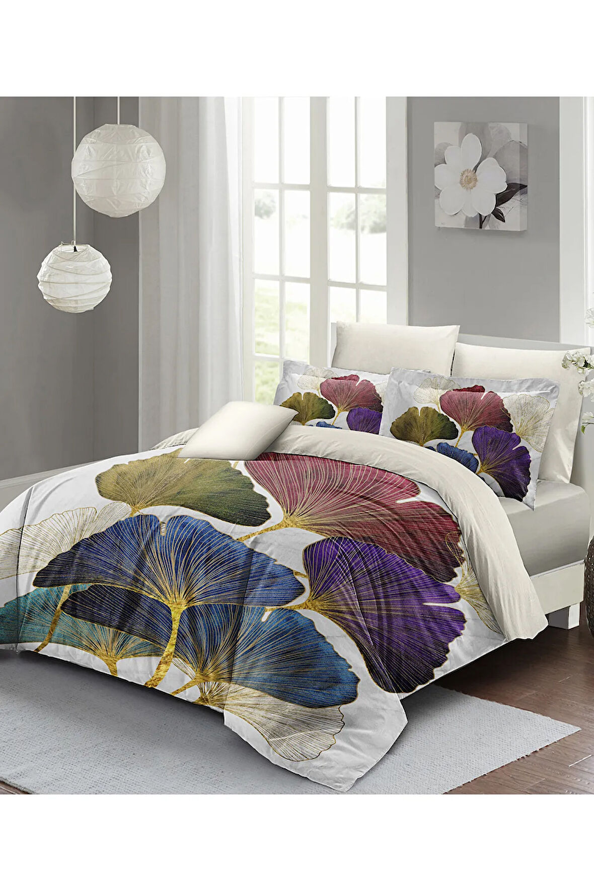 Lastikli Çarşaflı %100 Pamuk Saten Çift Kişilik Nevresim Takımı Colorfull Leave