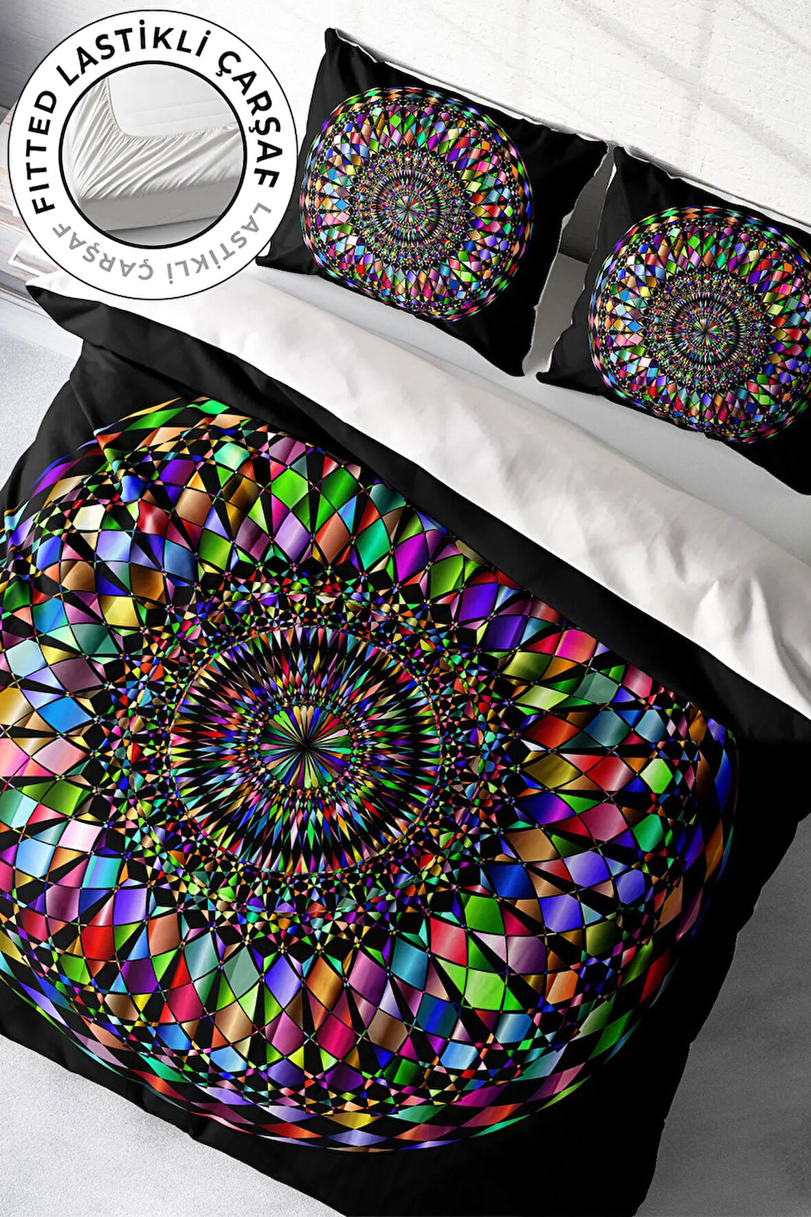 Lastikli Çarşaflı %100 Pamuk Saten Çift Kişilik Nevresim Takımı Mandala 4