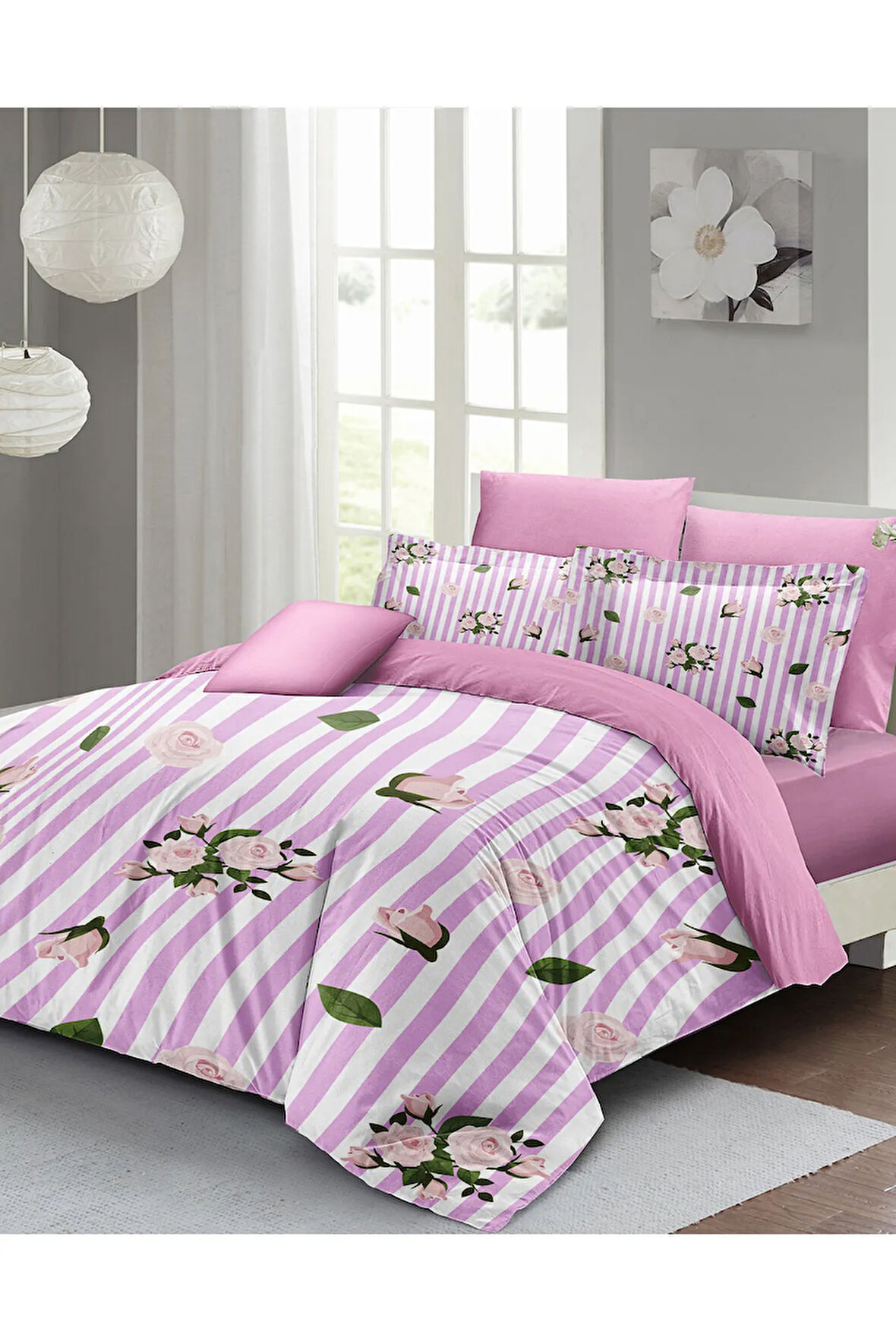 Lastikli Çarşaflı %100 Pamuk Saten Çift Kişilik Nevresim Takımı Naturel Roses