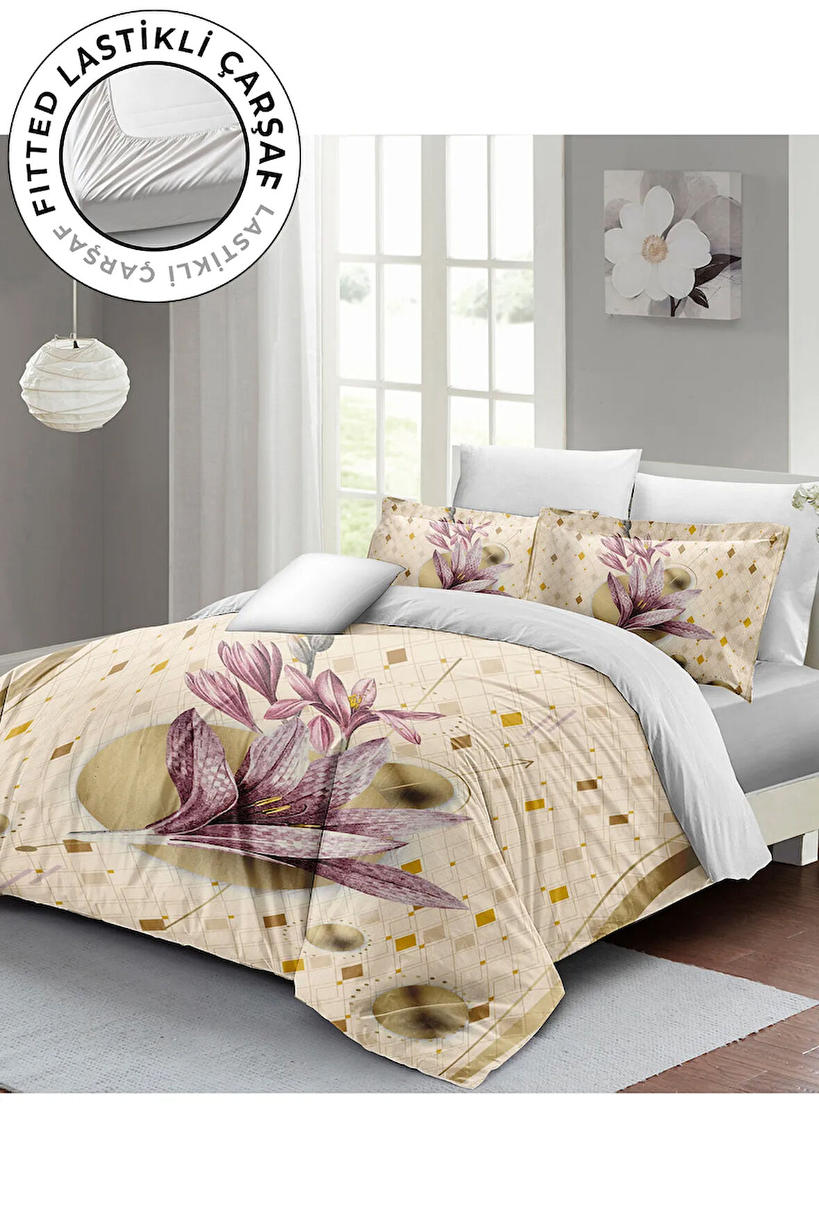 Lastikli Çarşaflı %100 Pamuk Saten Çift Kişilik Nevresim Takımı Lily