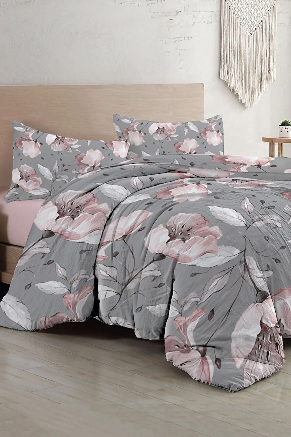 Lastikli Çarşaflı %100 Pamuk Saten Çift Kişilik Nevresim Takımı Gray Rose