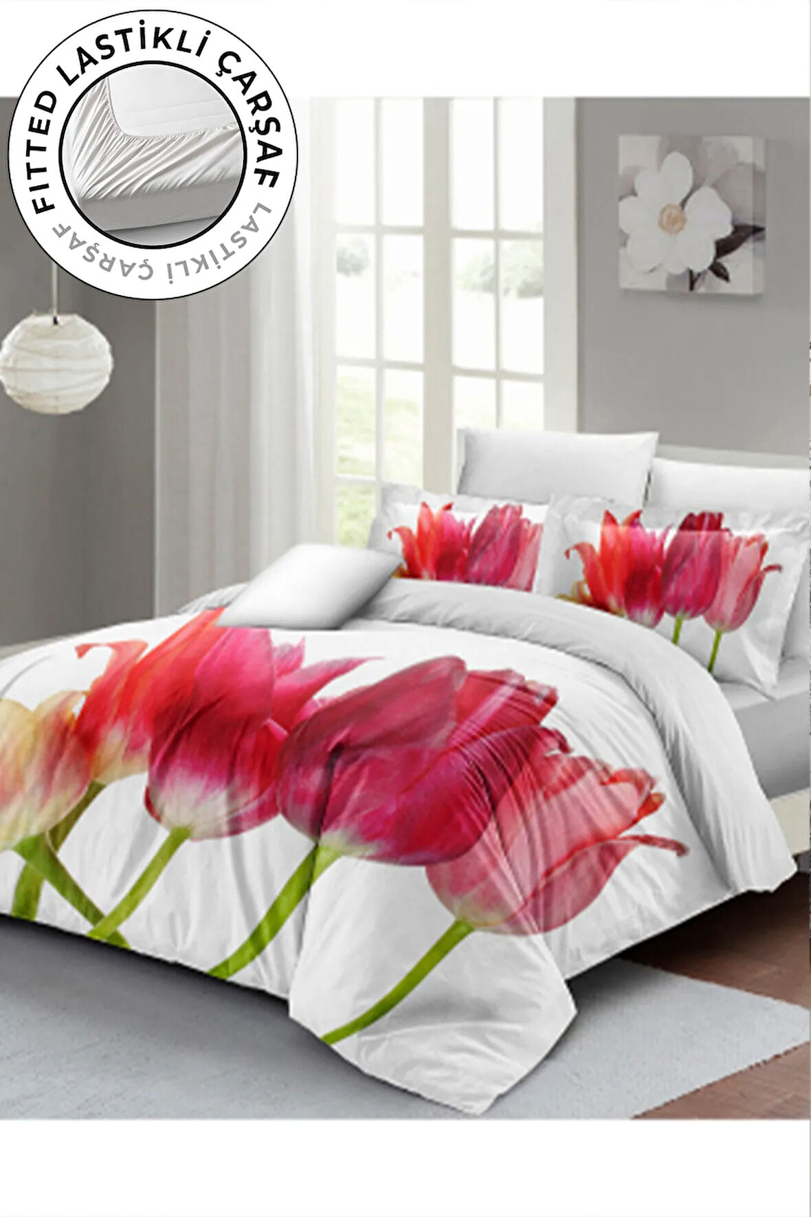 Lastikli Çarşaflı %100 Pamuk Saten Çift Kişilik Nevresim Takımı Tulip