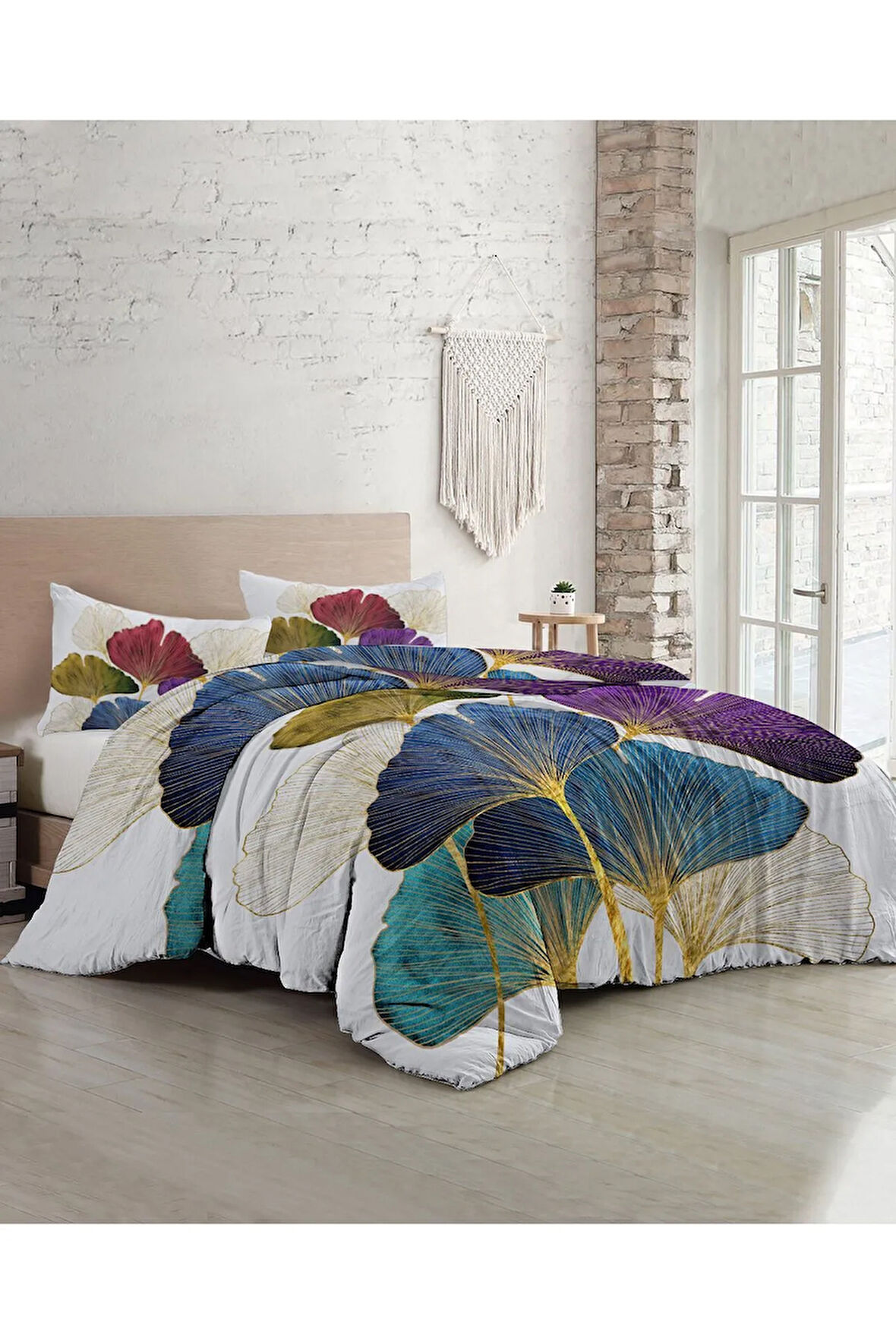 Lastikli Çarşaflı %100 Pamuk Saten Çift Kişilik Nevresim Takımı Colorfull Leaves