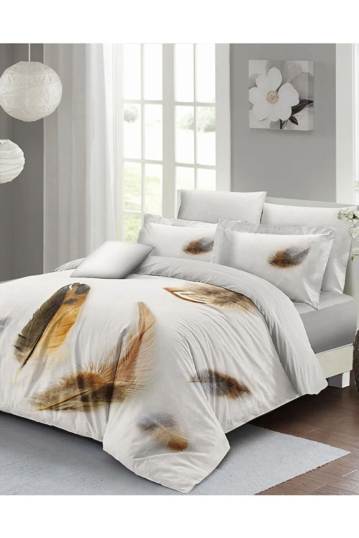 Lastikli Çarşaflı %100 Pamuk Saten Çift Kişilik Nevresim Takımı Lucky Feather