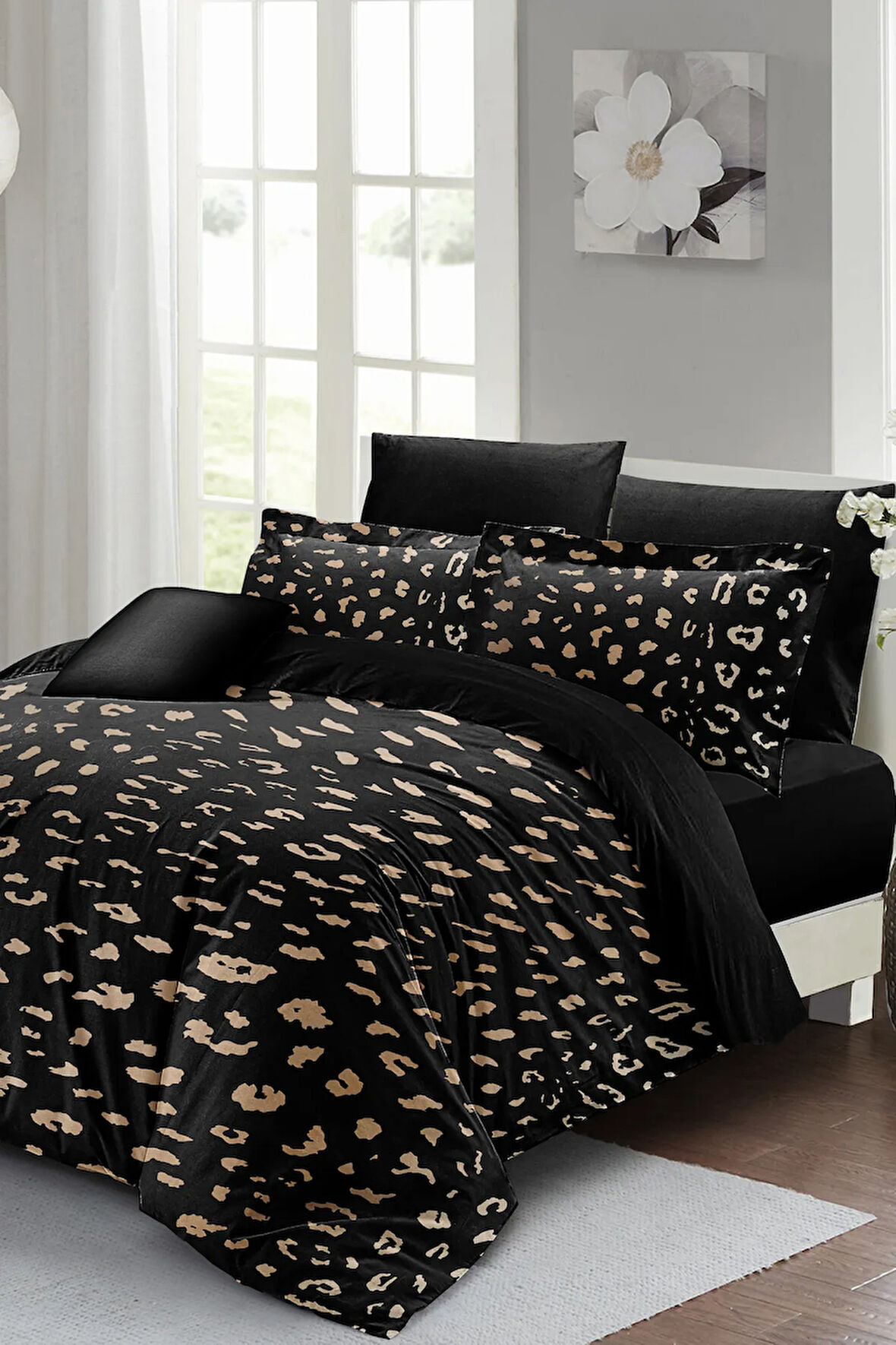 Lastikli Çarşaflı %100 Pamuk Saten Çift Kişilik Nevresim Takımı Animal Print