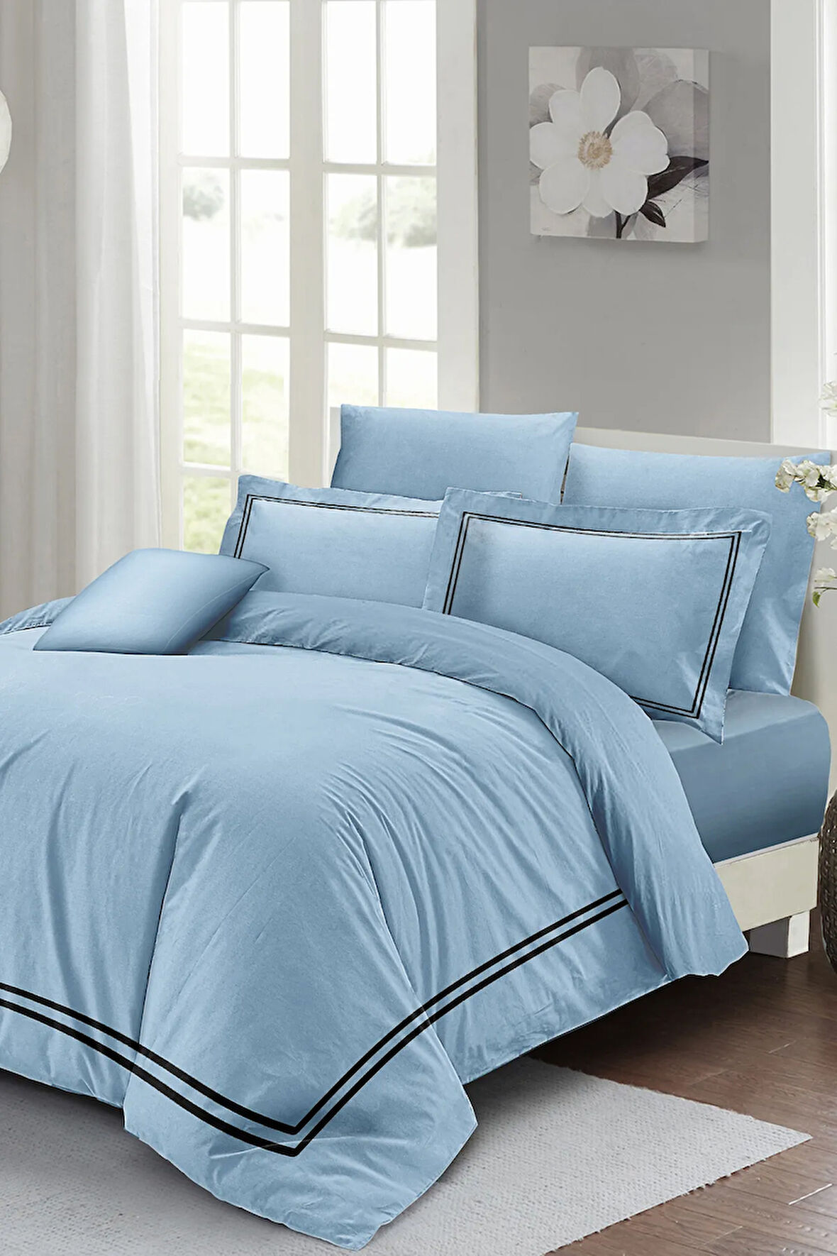 Lastikli Çarşaflı %100 Pamuk Saten Çift Kişilik Nevresim Takımı Luxury Pamuk Saten Mavi