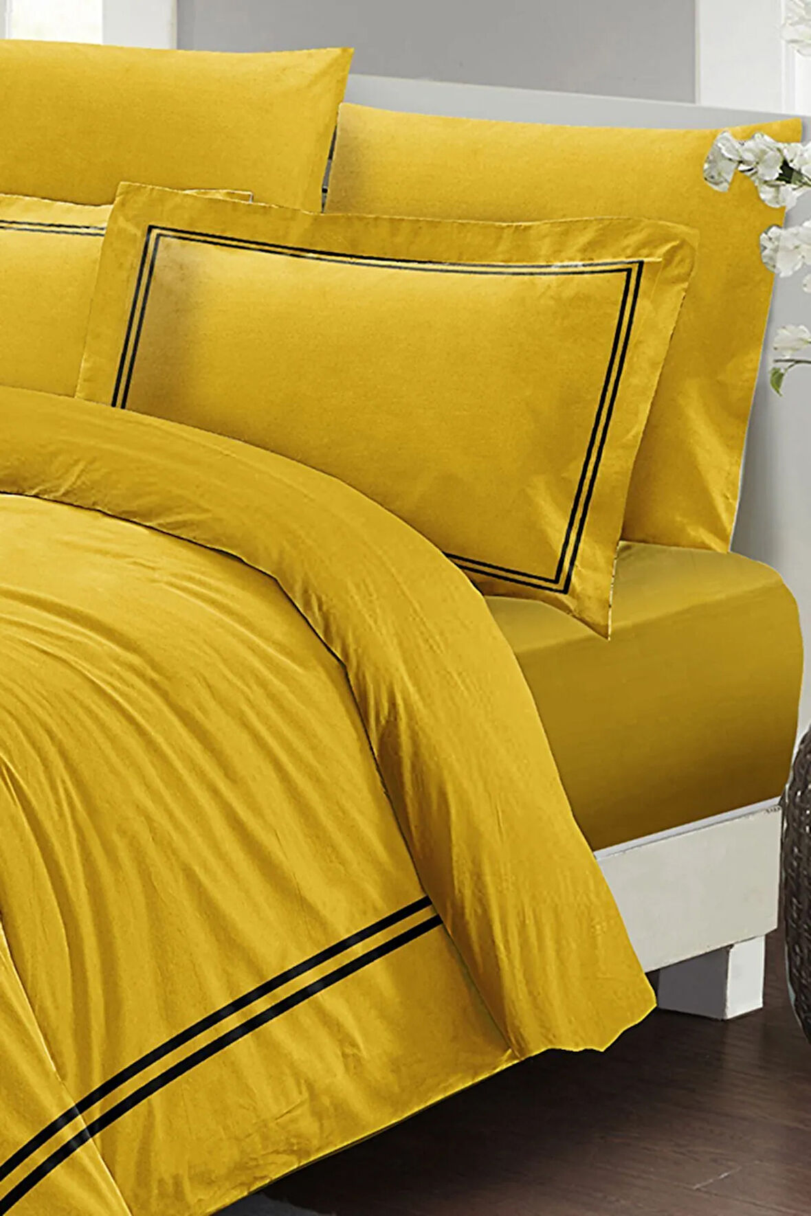 Çift Kişilik ( Lastikli Çarşaflı ) %100 Pamuk Saten Nevresim Takımı Luxury Pamuk Saten Sarı