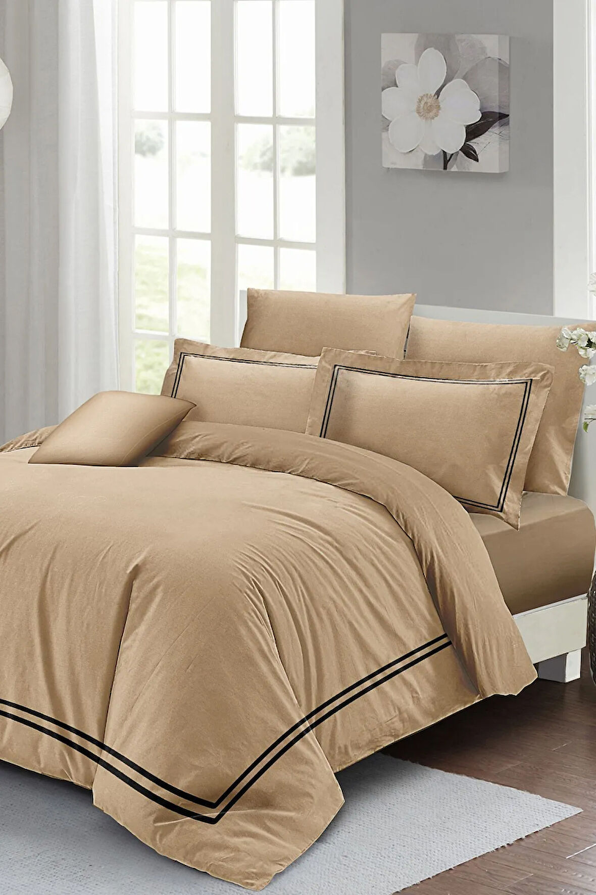 Lastikli Çarşaflı %100 Pamuk Saten Çift Kişilik Nevresim Takımı Luxury Pamuk Saten Kahve