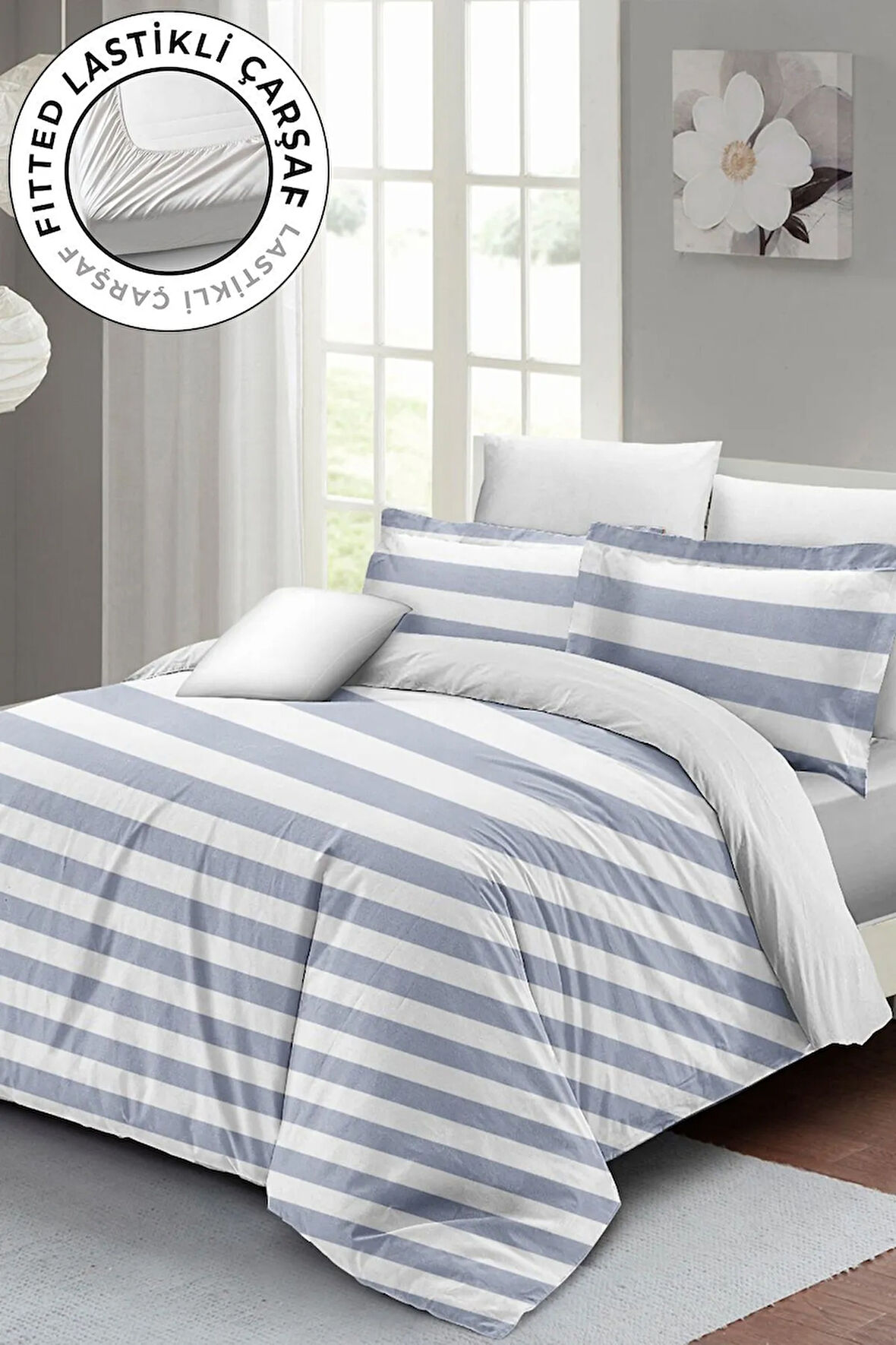 Lastikli Çarşaflı %100 Pamuk Saten Çift Kişilik Nevresim Takımı Soft Strip Luxury