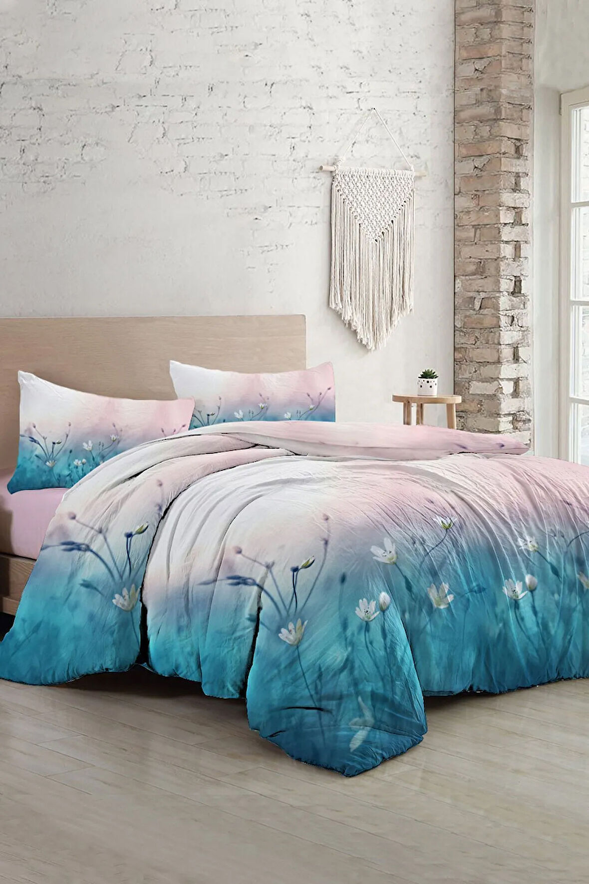 Lastikli Çarşaflı %100 Pamuk Saten Çift Kişilik Nevresim Takımı Soft Blue Luxury