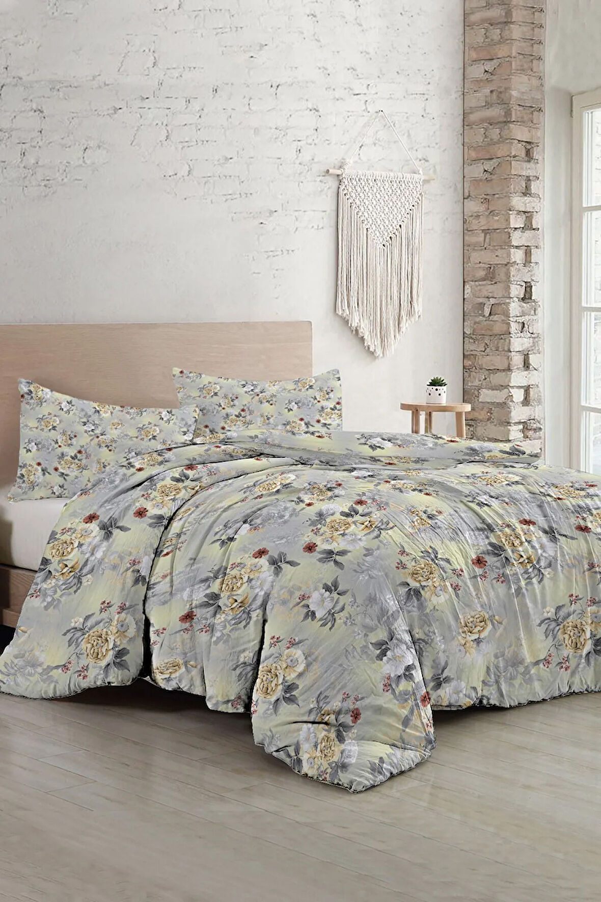 Lastikli Çarşaflı %100 Pamuk Saten Çift Kişilik Nevresim Takımı Grey Yellow Roses Luxury